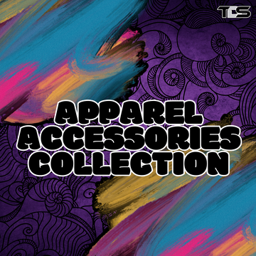 Bright colorful background with text reading 'Apparel Accessories Collection' – featuring mugs, blankets, and more from That Detail Shop.