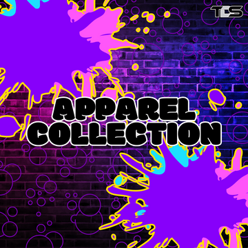 Bright and colorful background with bold text reading 'Apparel Collection' – showcasing premium hats, t-shirts, jackets, beanies, and mugs by That Detail Shop.