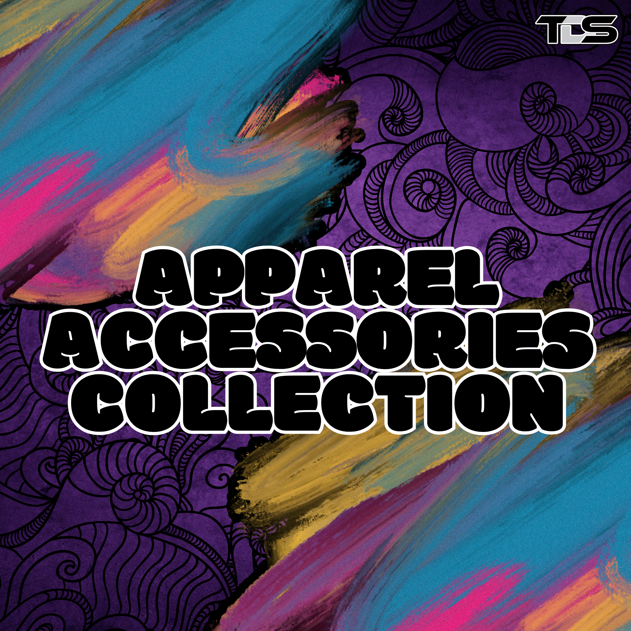 Bright colorful background with text reading 'Apparel Accessories Collection' – featuring mugs, blankets, and more from That Detail Shop.