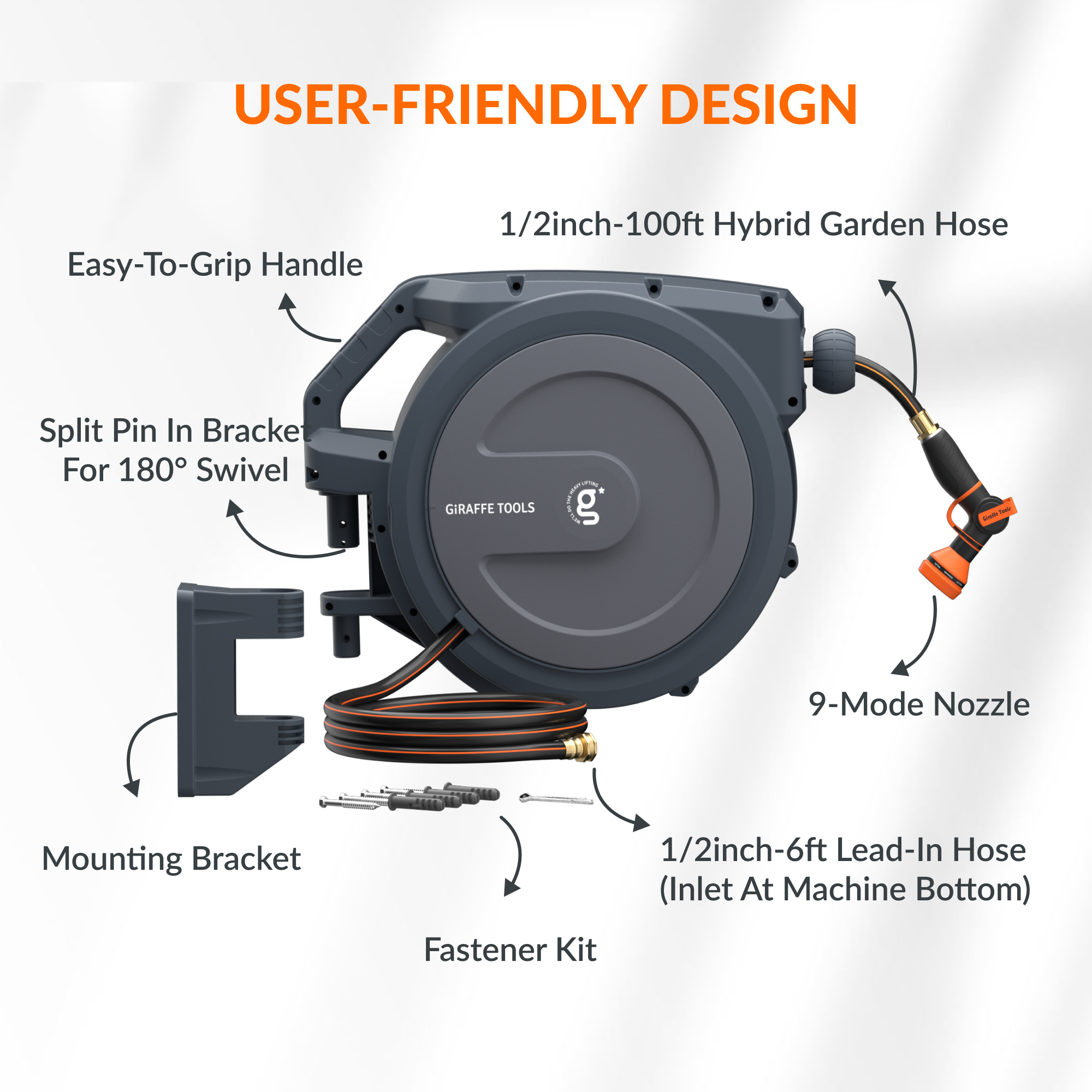 The auto-rewind system, hose locker and 9-mode hose nozzle make the hose reel more convenient to use.