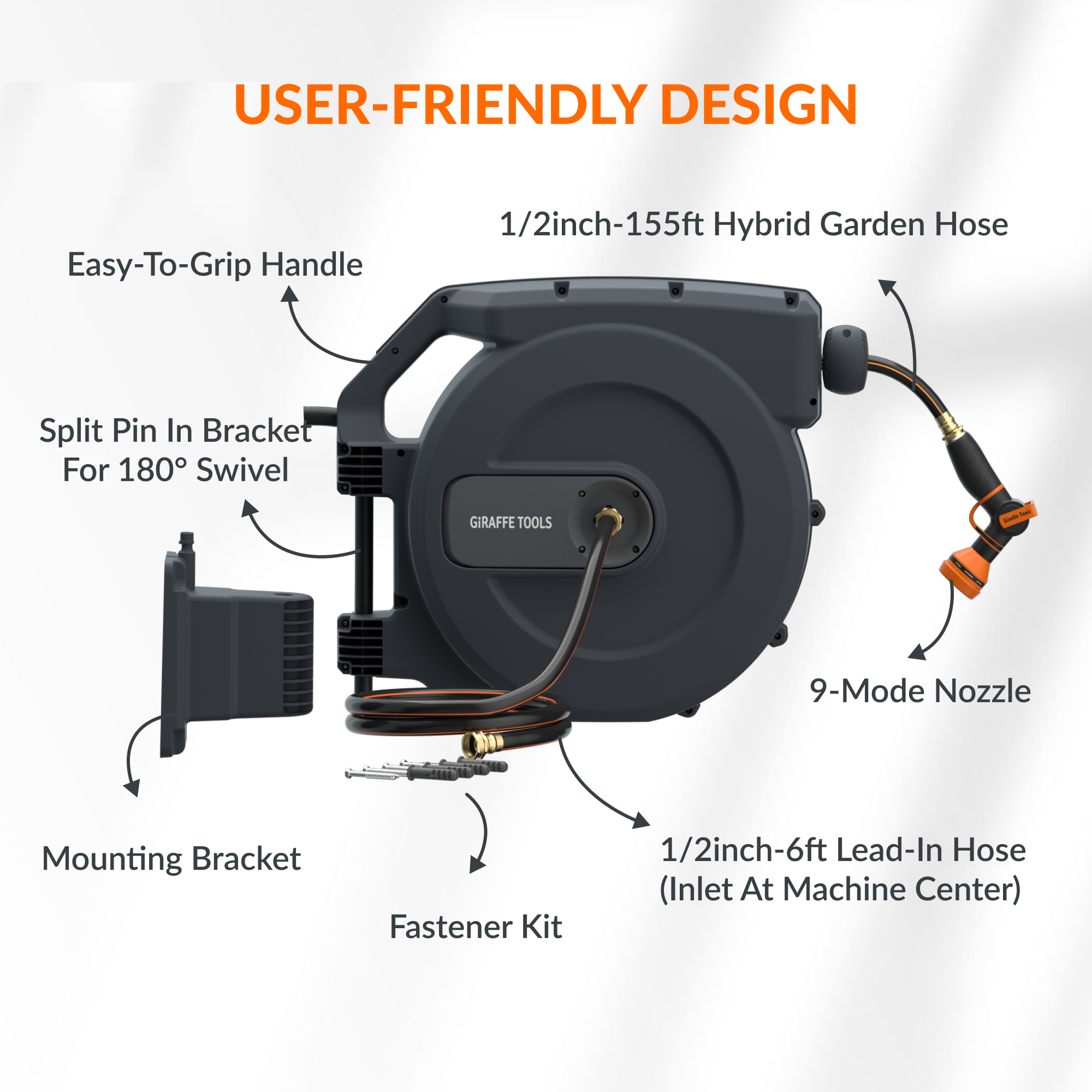 The auto-rewind system,hose locker and 9-mode hose nozzle makes the hose reel more convenient to use.