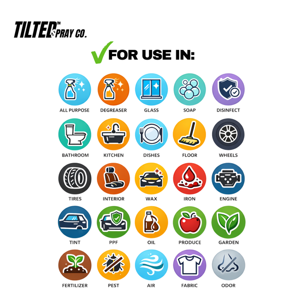 Tilted Spray Co. product usage icons on a white background