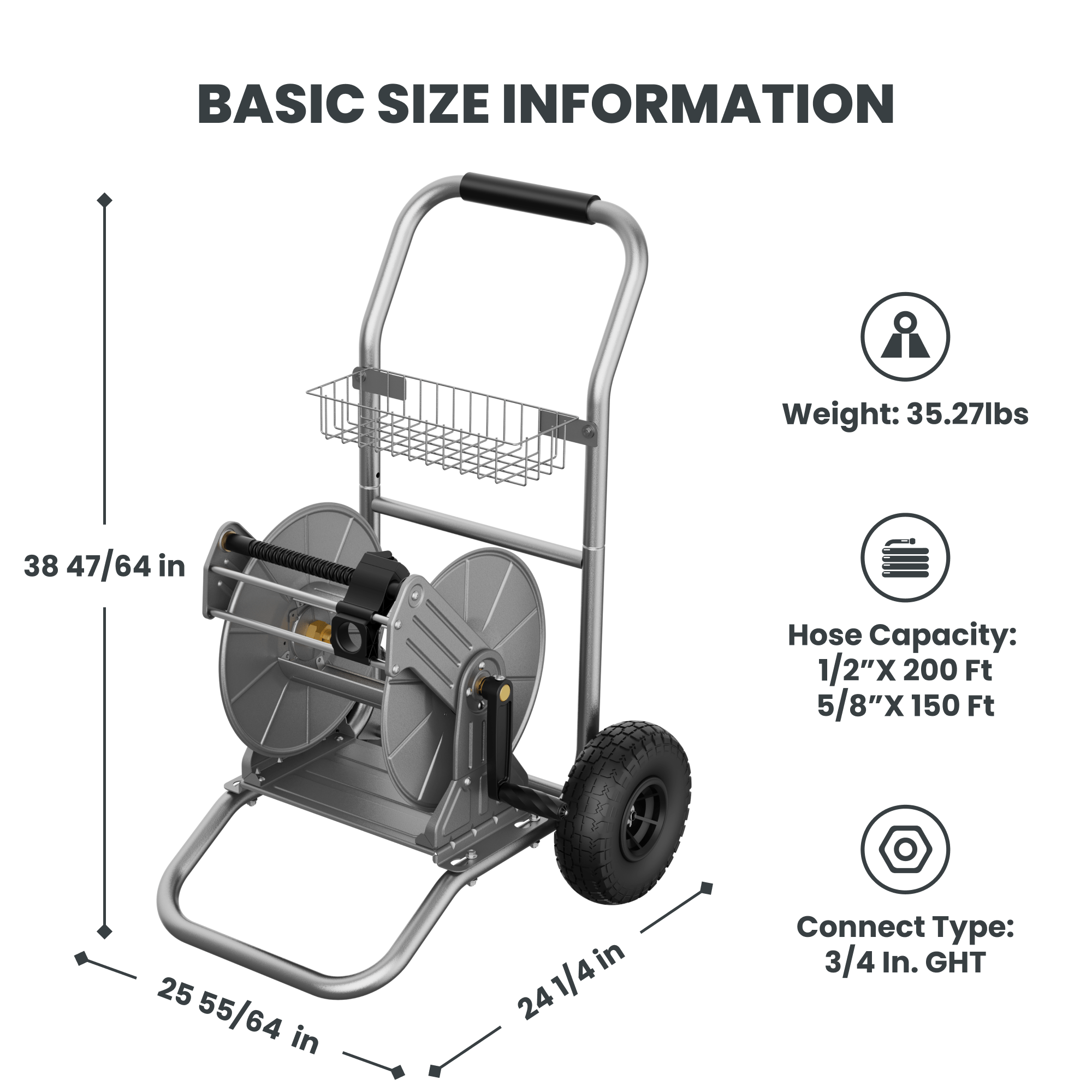 The hose reel cart has a heavy-duty steel construction and a unique hose guide, it is suitable for use in a variety of environments. The garden hose cart has