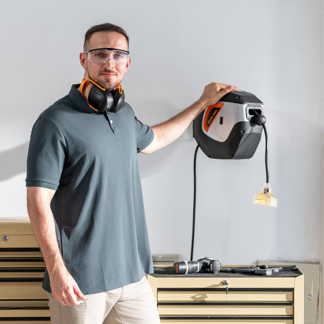 This extension cord reel is constructed of hard impact polypropylene enclosed spring-driven and has slow retraction technology and auto guide system.