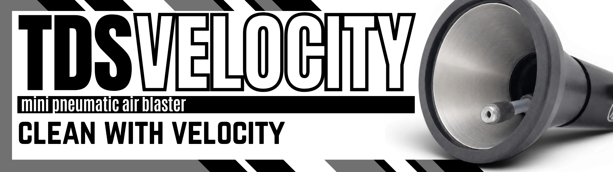 A close-up of a black and silver cylindrical air blaster nozzle with bold text reading 'TDS VELOCITY' and 'MINI PNEUMATIC AIR BLASTER' on a black-and-white striped background.