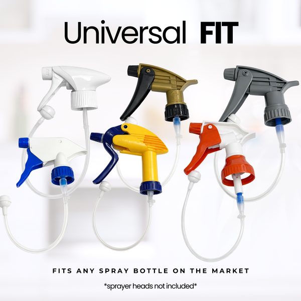 Collection of various spray bottle nozzles with 'Universal Fit' text on a white background