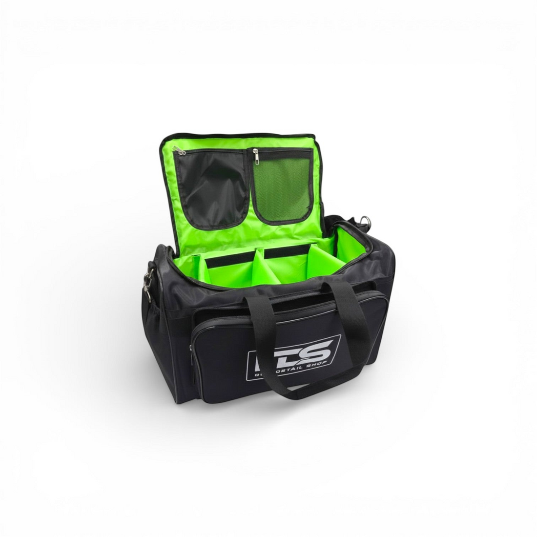 Black and green bag with a visible brand logo on a white background