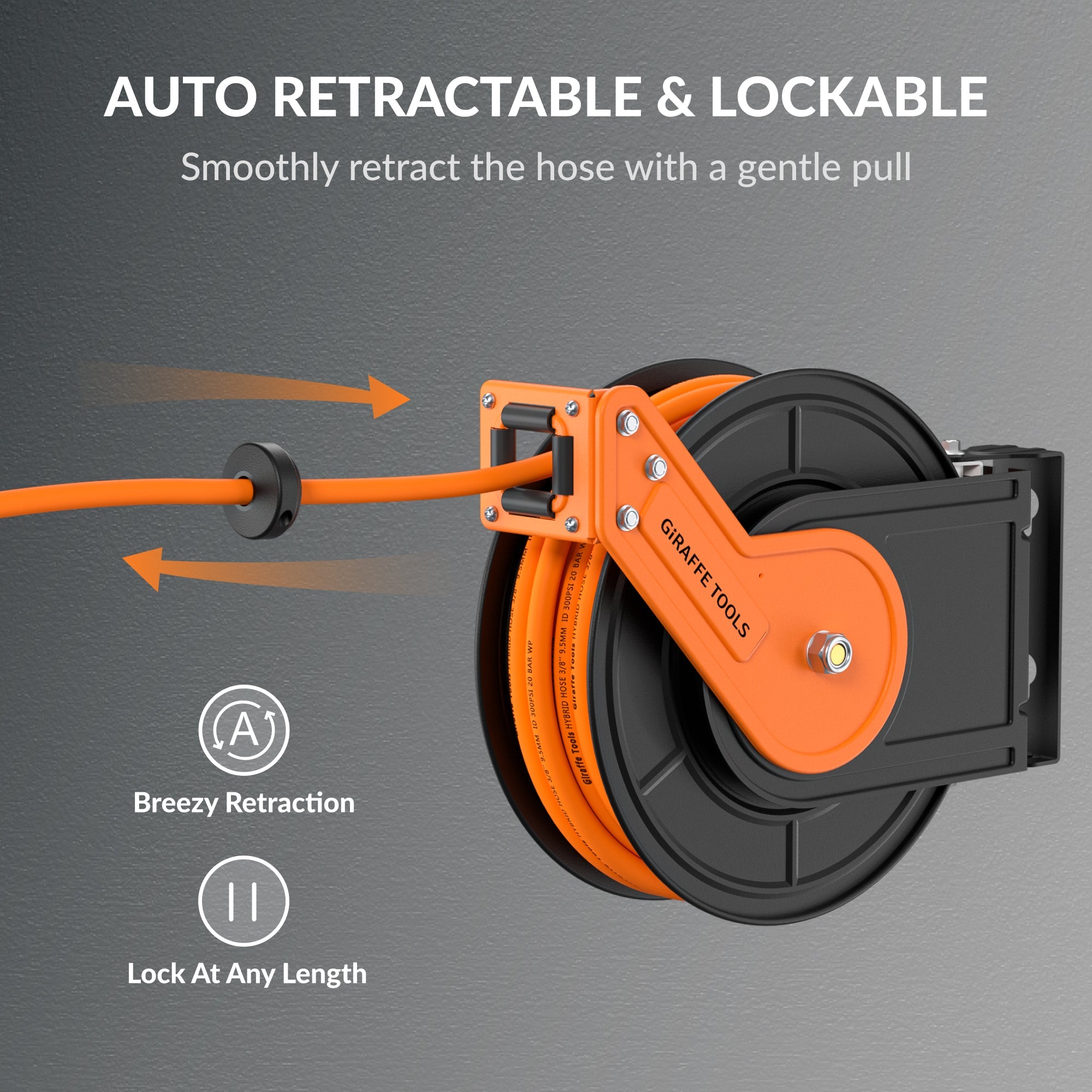 Giraffe Tools air compressor hose reel has a professional-grade all-steel construction, corrosion-resistant powder coat finish for long life and durability.