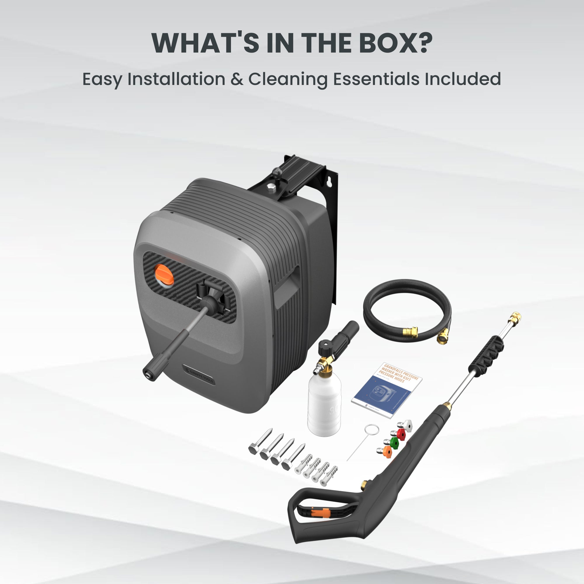 Grandfalls G20 is the newest innovation in our Grandfalls Pressure Washer collection. All-in-one units with a unique rotating wall-mounted design and
