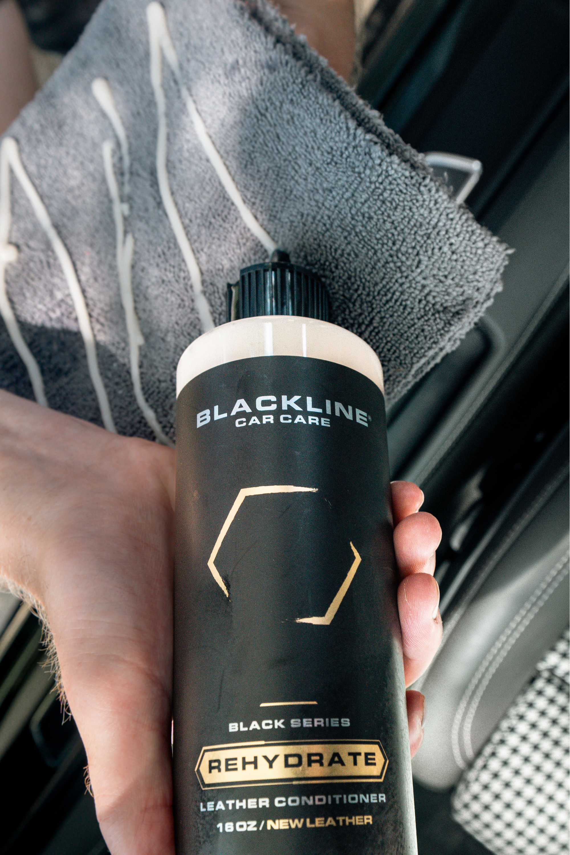 Blackline Car Care BLACKLINE® REHYDRATE LEATHER CONDITIONER product closeup - auto detailing equipment
