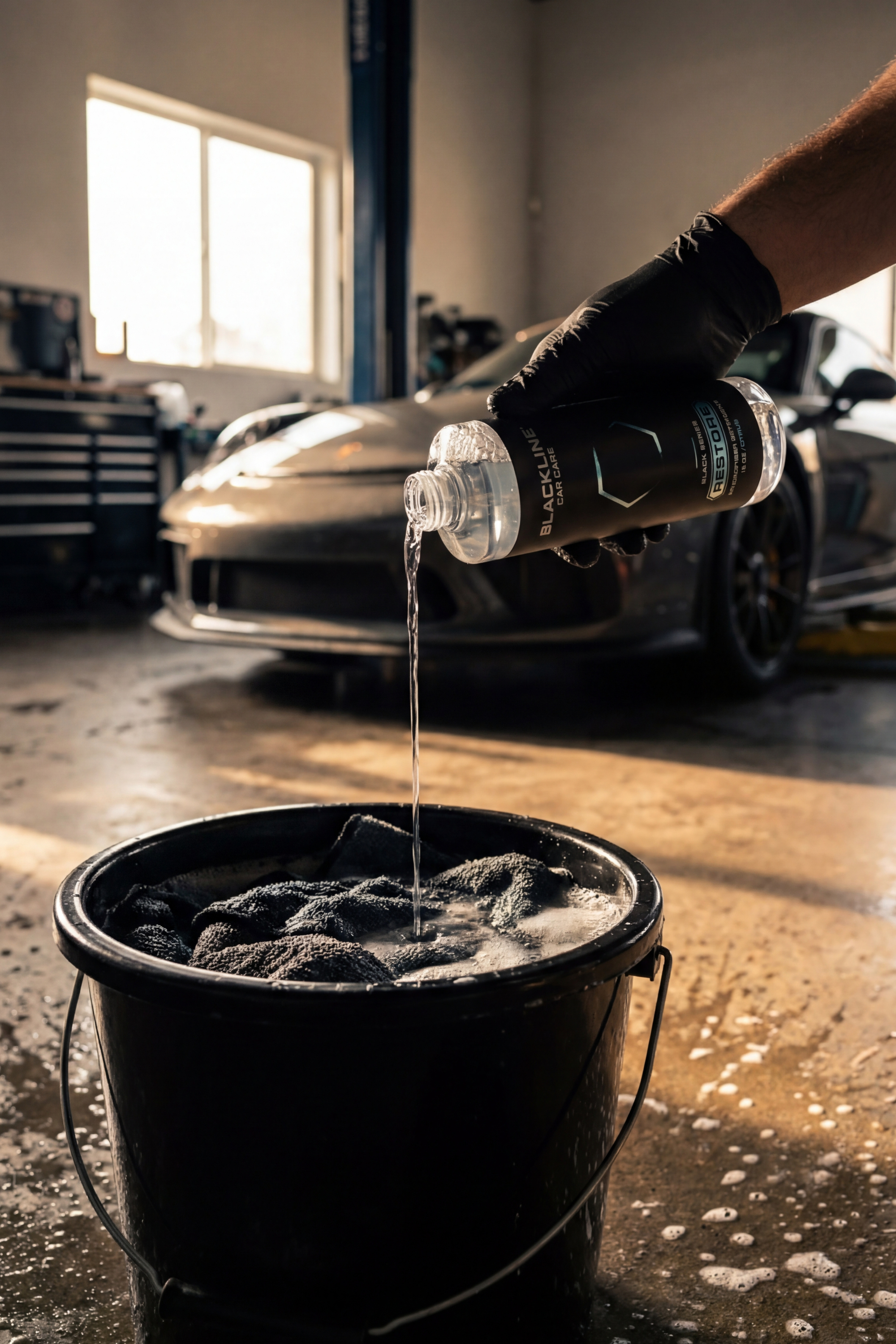 Blackline Car Care BLACKLINE® RESTORE MICROFIBER DETERGENT in use - professional detailing application