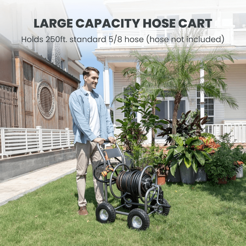 The garden hose cart has a unique guide system and the high-quality materials,which can hold up to 250 feet of 5/8 inch hose.