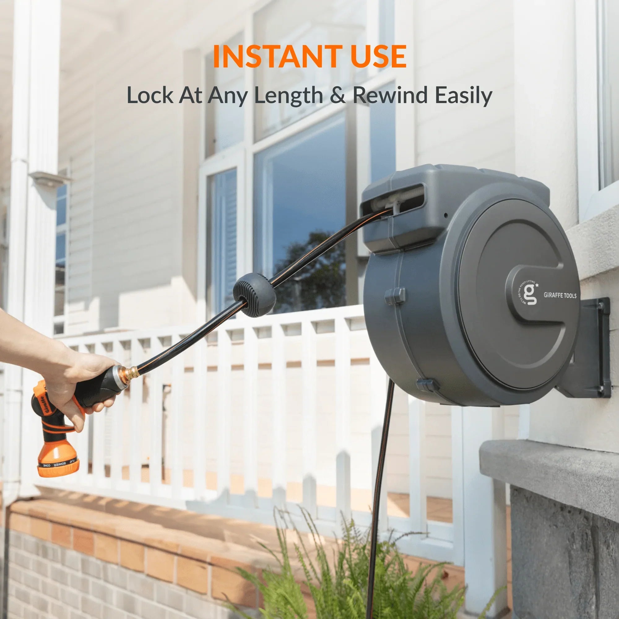 Giraffe Tools retractable garden hose reel delivers a one-stop watering solution—wall-mounted, auto-rewind, and adjustable for effortless use.