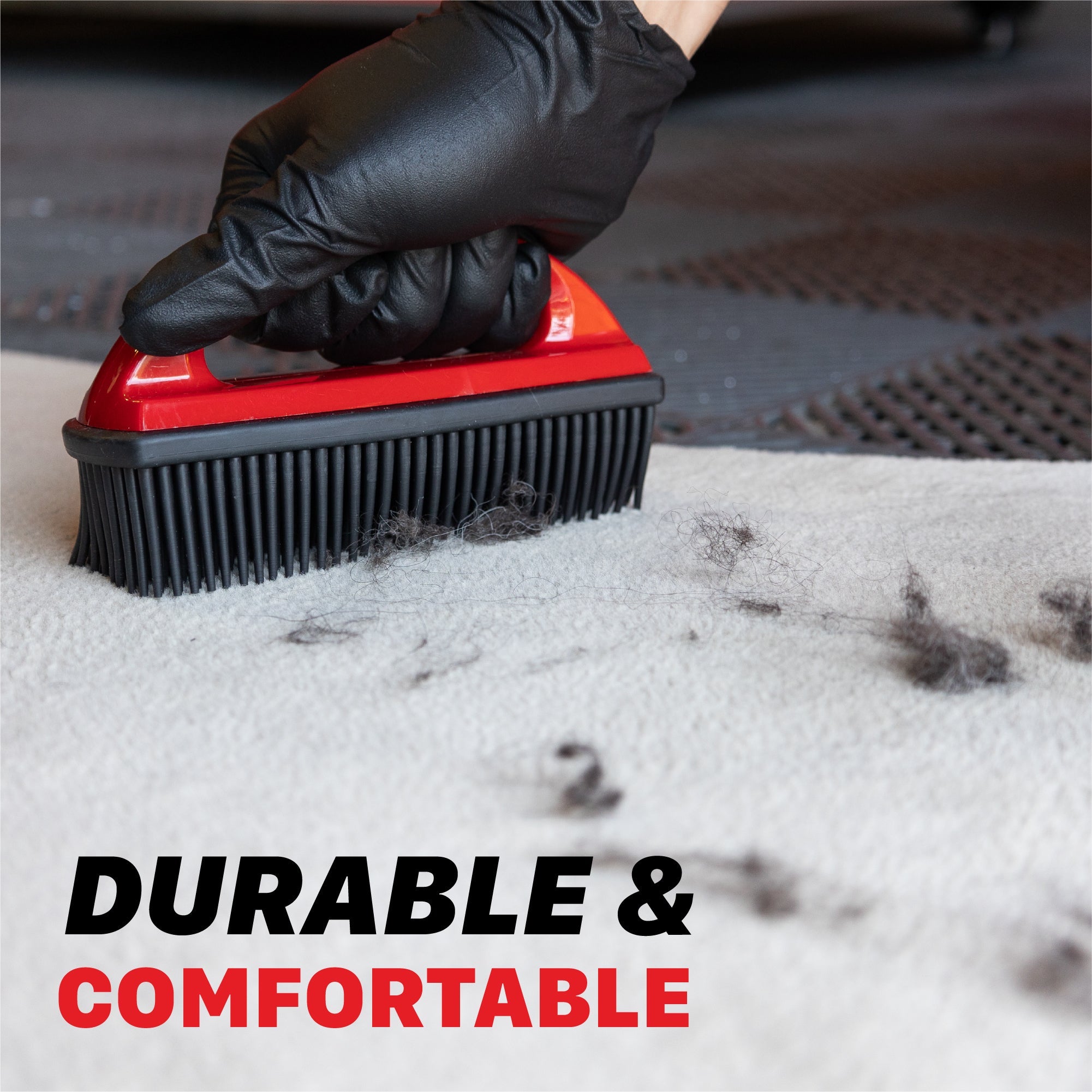 Hair Removal Brush On Carpet The hair removal brush, made of electrostatic rubber, is ideal for effectively picking up hair from carpets in your car or home.