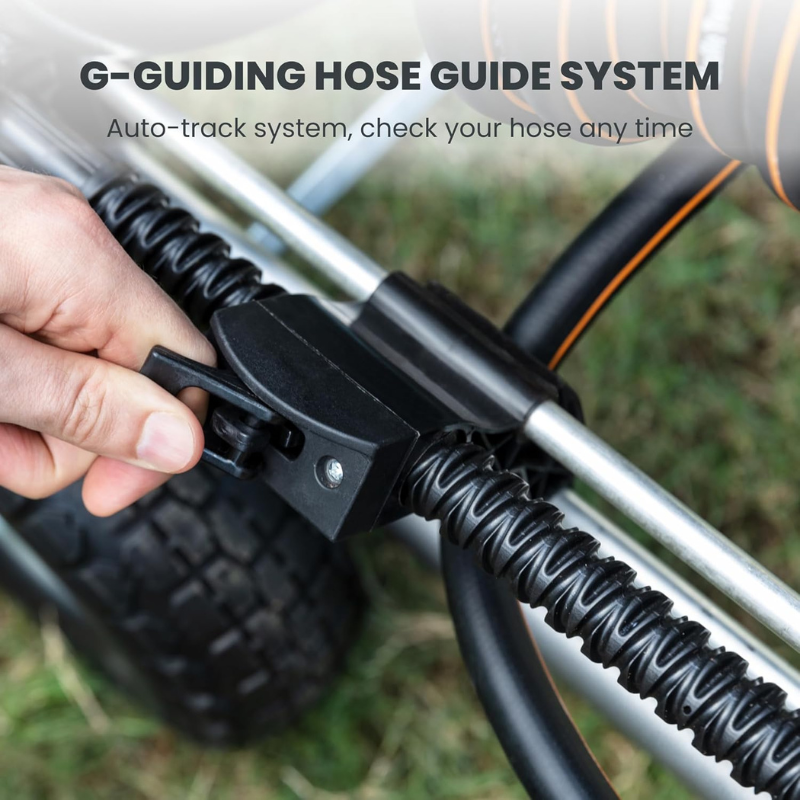 The garden hose cart has a unique guide system and the high-quality materials,which can hold up to 250 feet of 5/8 inch hose.