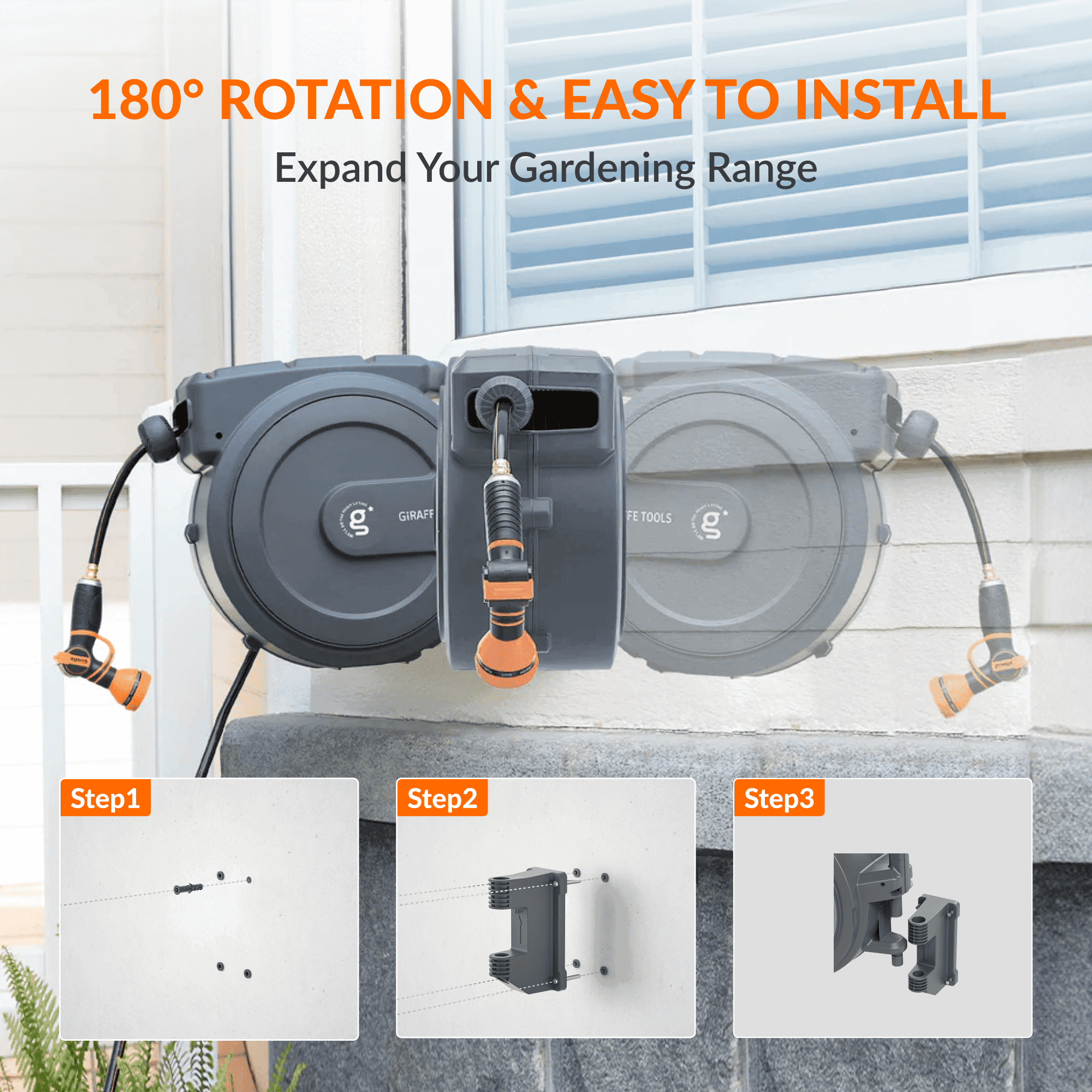 The auto-rewind system,hose locker and 9-mode hose nozzle makes the hose reel more convenient to use.