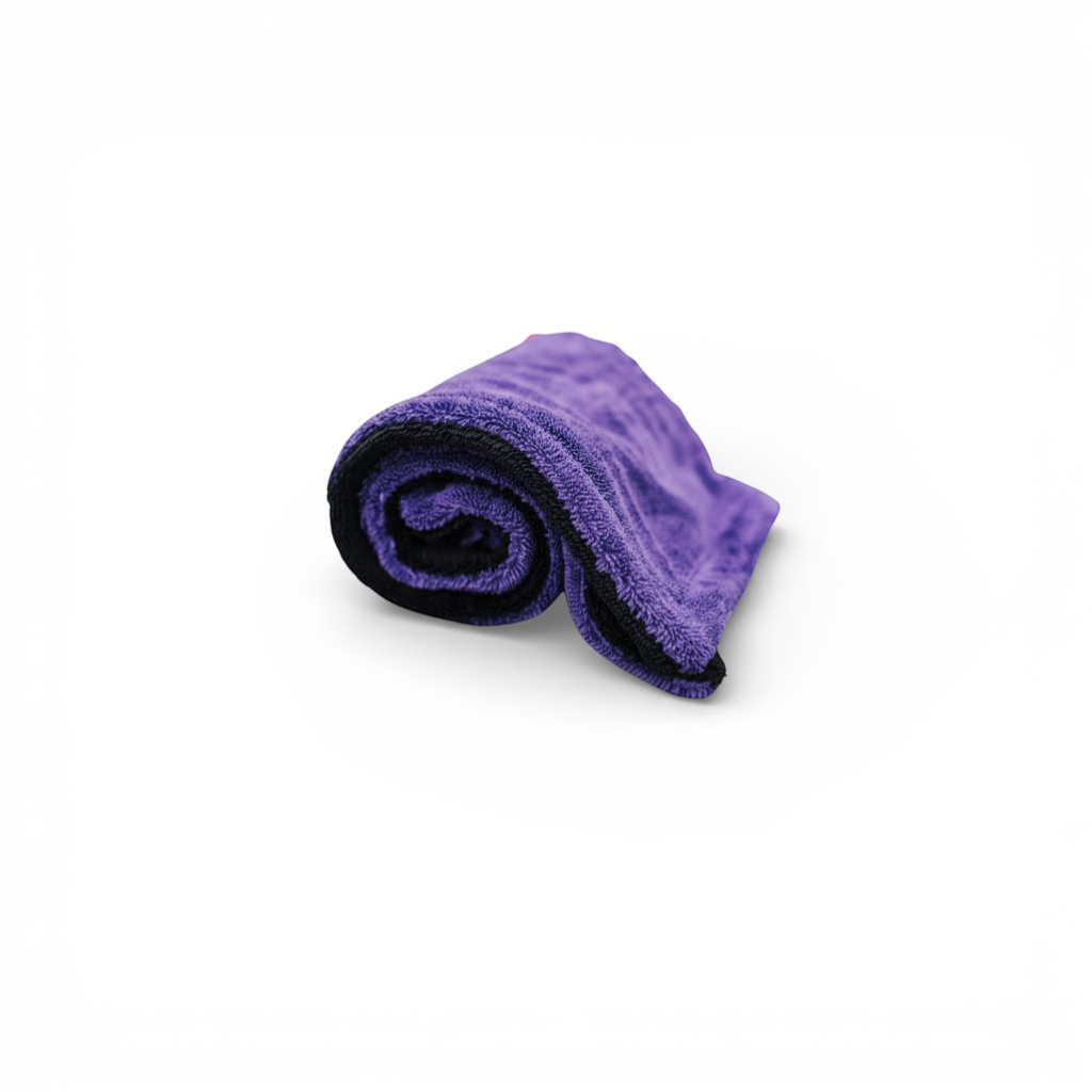 TDS Towel 1600 black and purple 1600 GSM twisted loop microfiber drying towel laid across a car hood