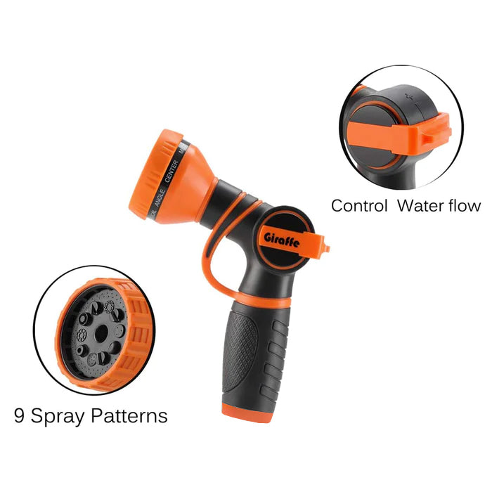 9 adjustable hose nozzle spray modes: Center, Mist, Flat, Soaker, Cone, Rinse, Shower, Angle, Vertica.