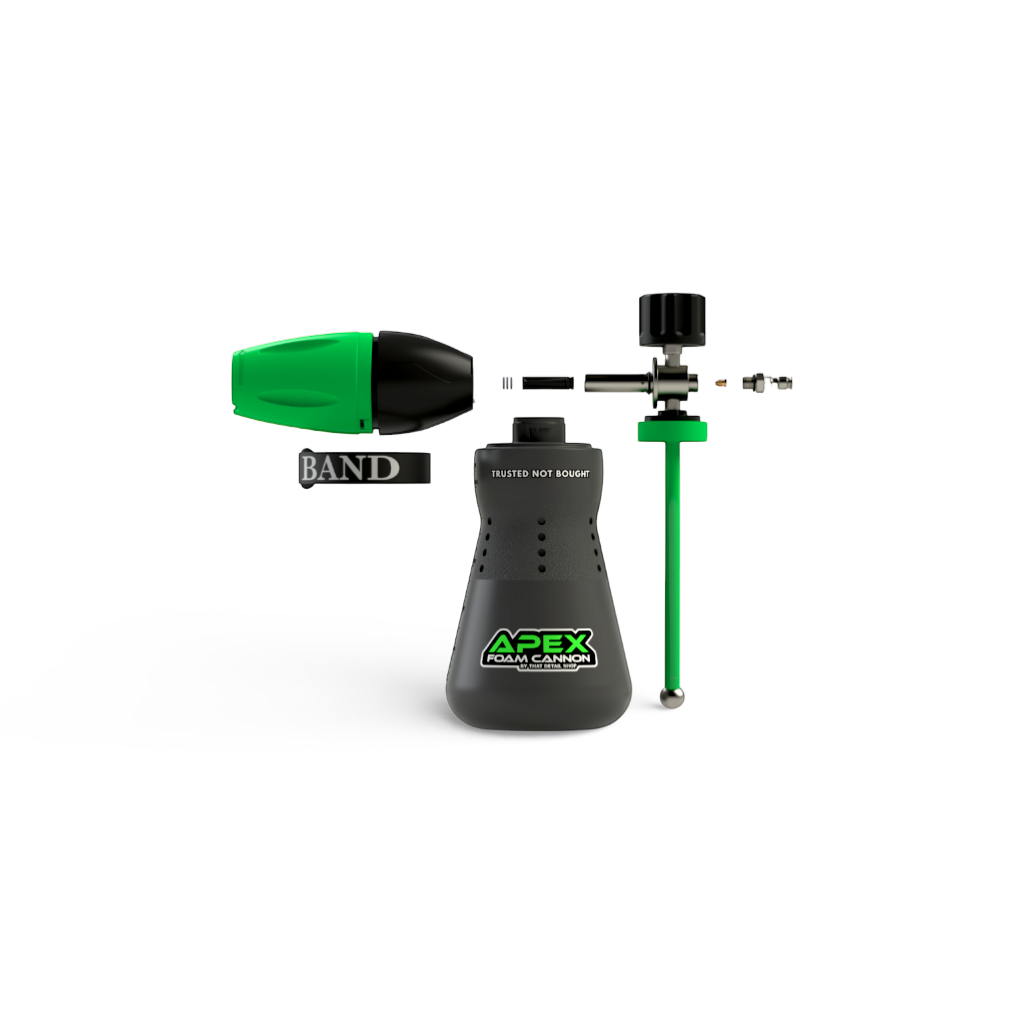 TDS Foam Cannon Apex producing thick snow foam on a black SUV with ApexBand grip band