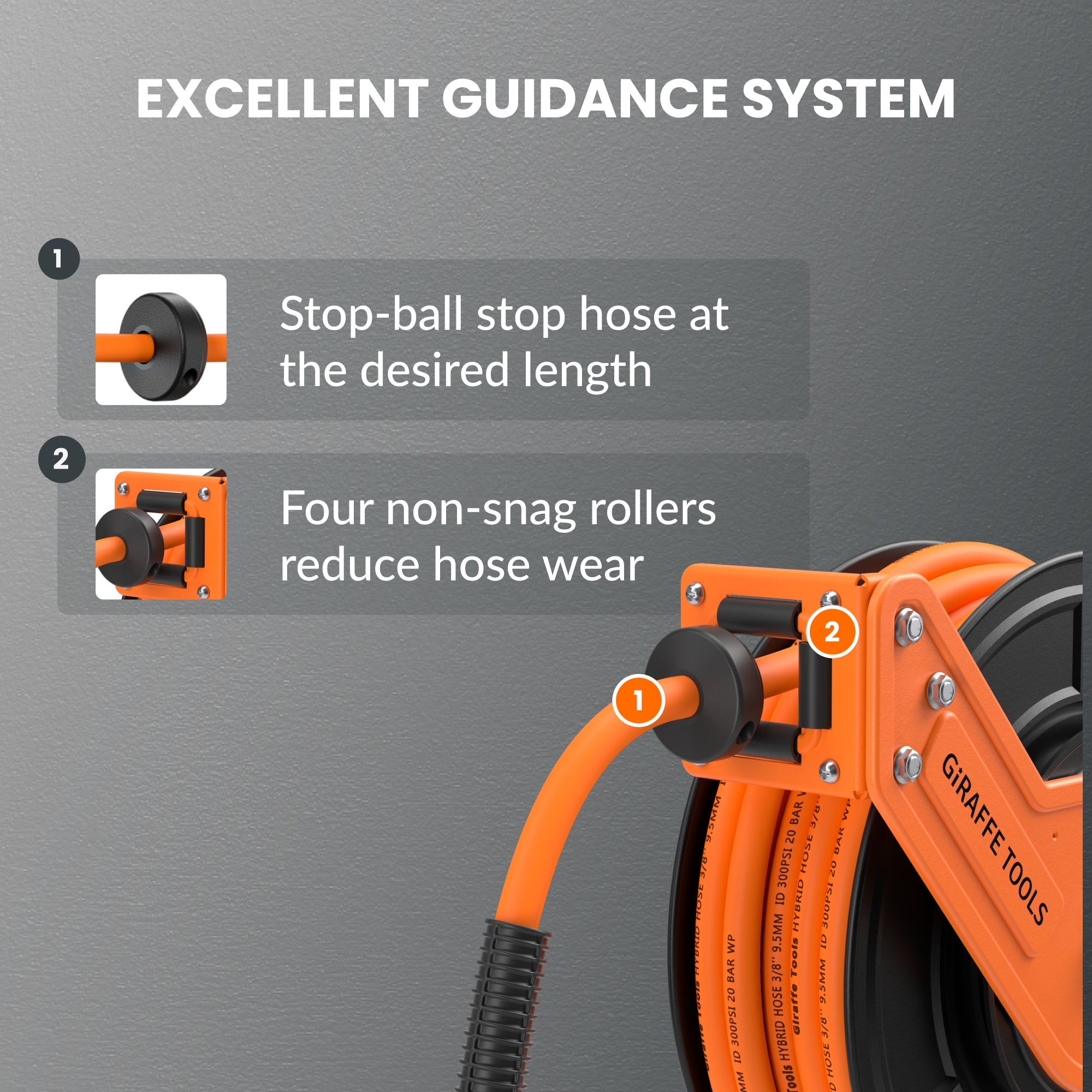 Giraffe Tools air compressor hose reel has a professional-grade all-steel construction, corrosion-resistant powder coat finish for long life and durability.