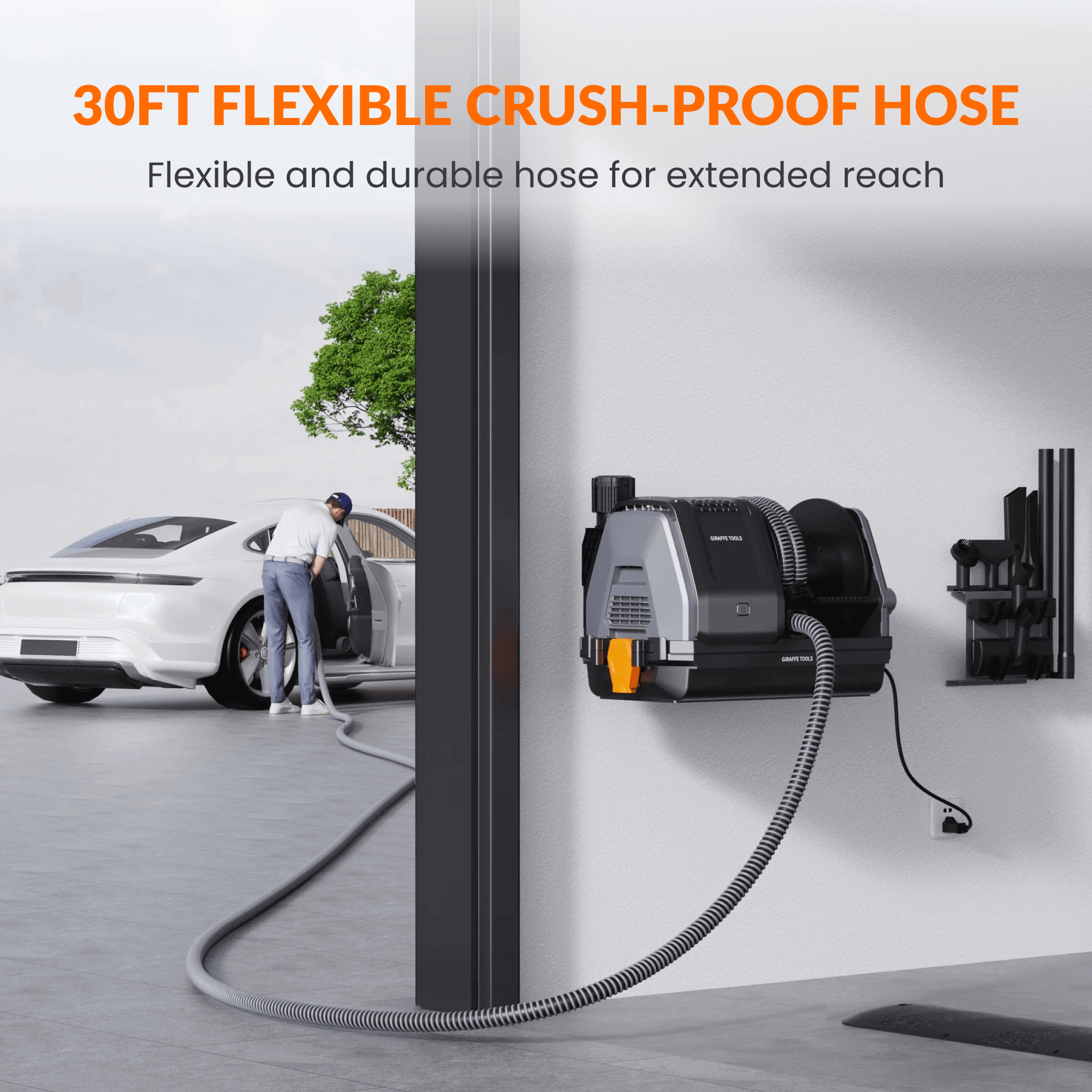 Giraffe Tools Retractable Vacuum Cleaner with 30ft hose. Wall-mounted design, wet & dry use, and auto retraction for effortless garage cleaning.