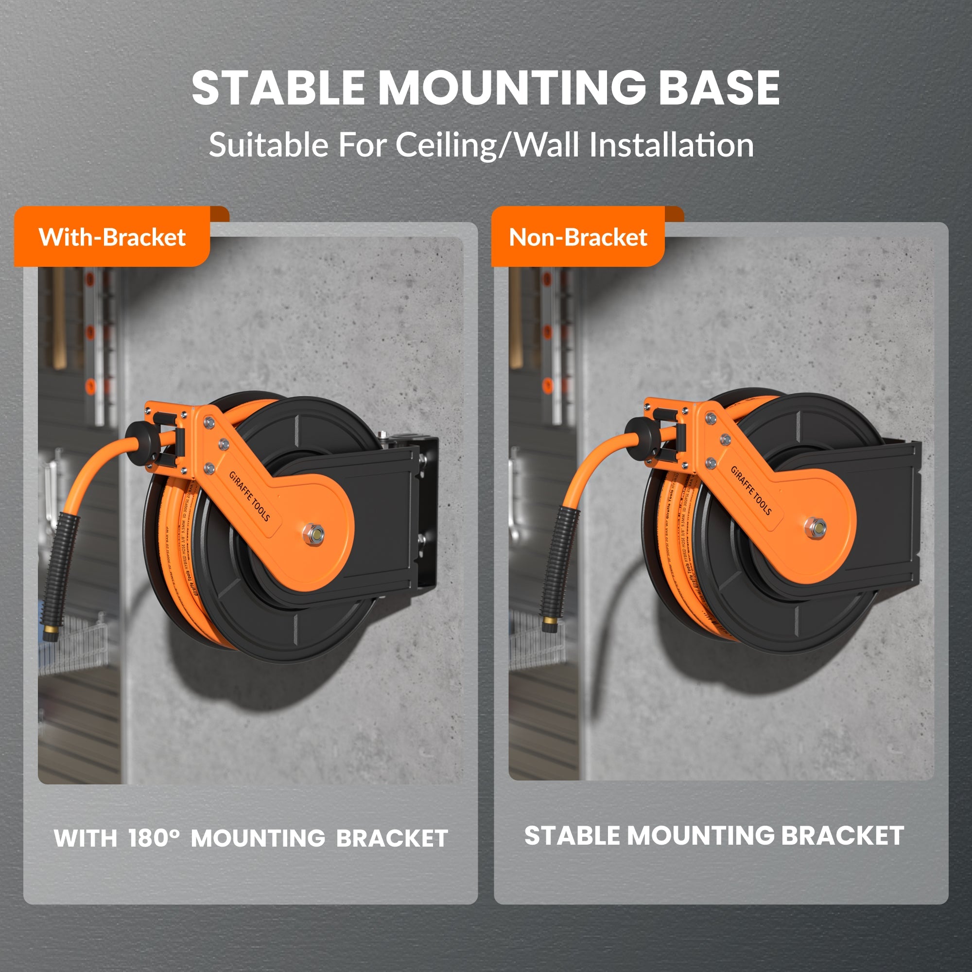 Giraffe Tools air compressor hose reel has a professional-grade all-steel construction, corrosion-resistant powder coat finish for long life and durability.