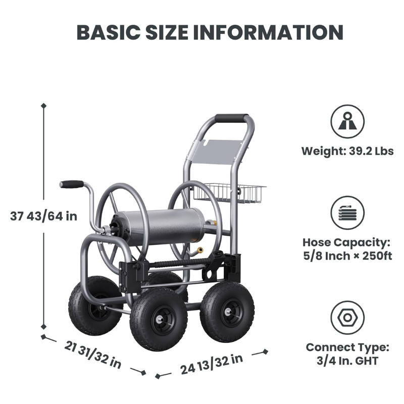 The garden hose cart has a unique guide system and the high-quality materials,which can hold up to 250 feet of 5/8 inch hose.