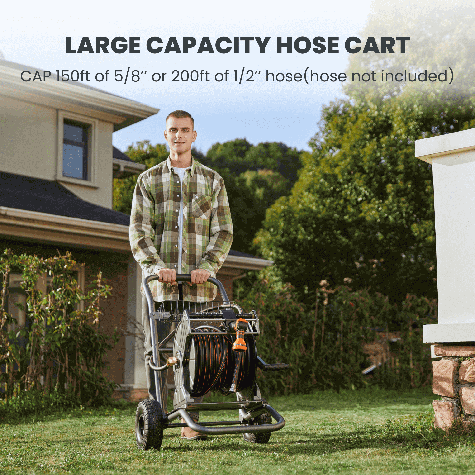 The hose reel cart has a heavy-duty steel construction and a unique hose guide, it is suitable for use in a variety of environments. The garden hose cart has