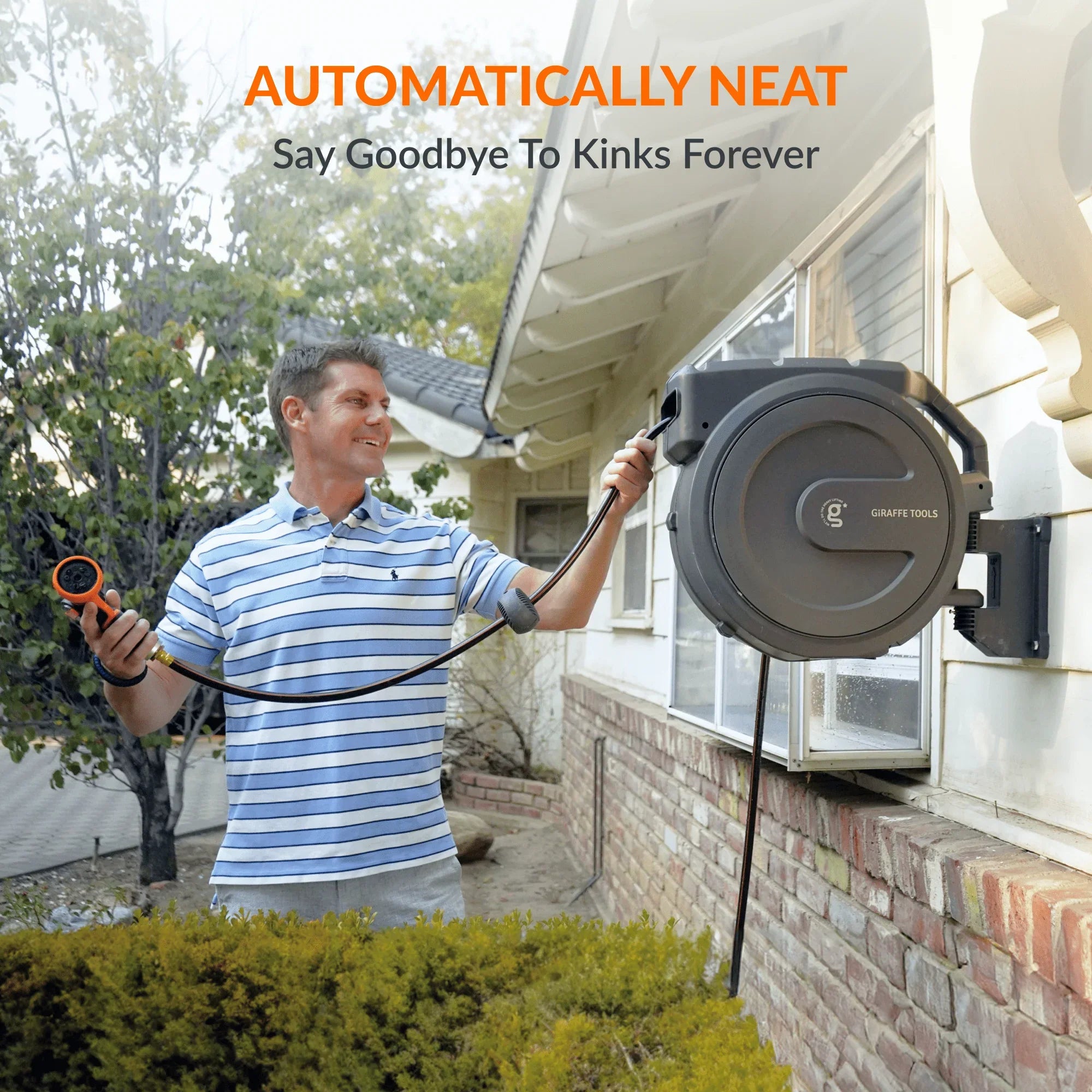 Giraffe Tools retractable garden hose reel delivers a one-stop watering solution—wall-mounted, auto-rewind, and adjustable for effortless use.