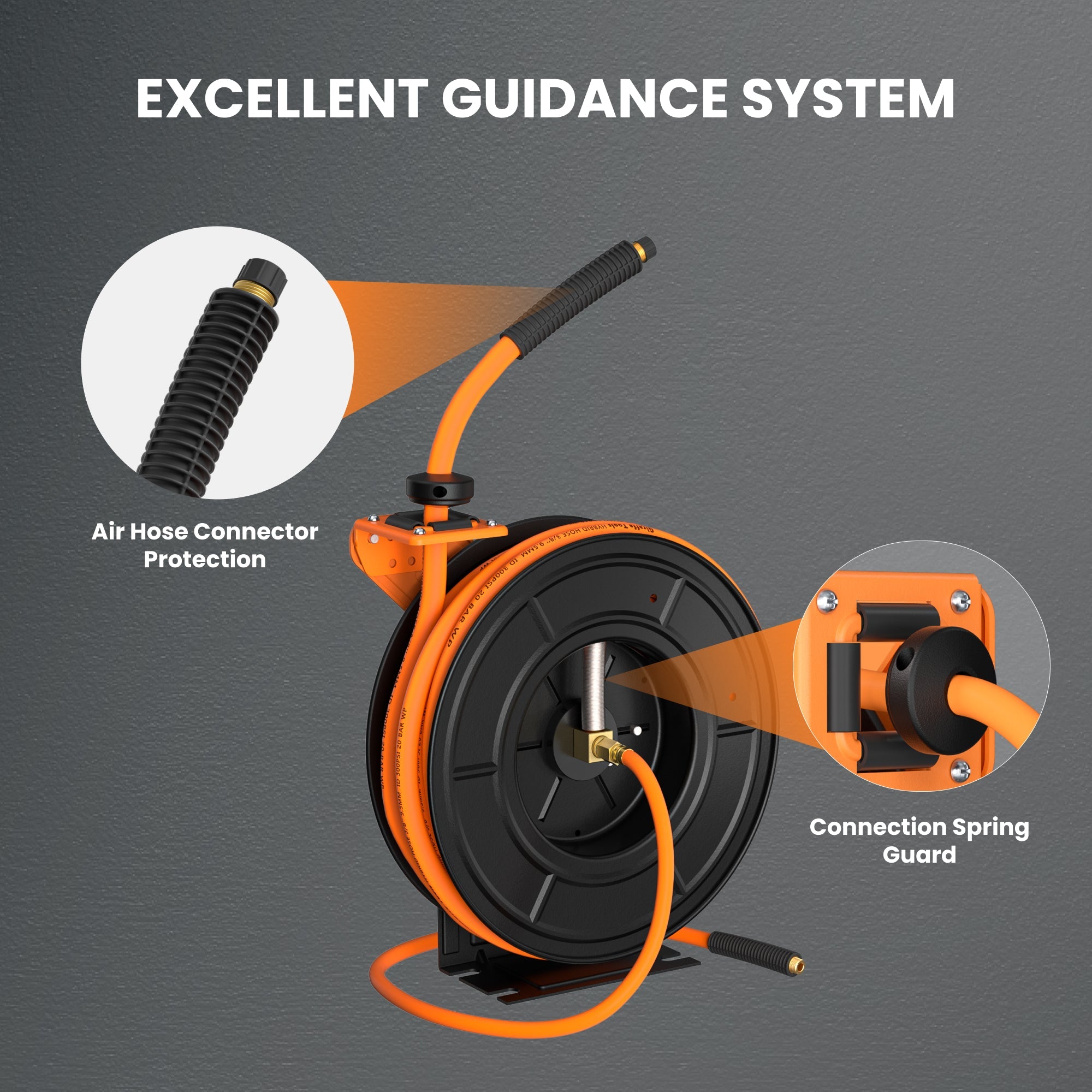 Giraffe Tools air compressor hose reel has a professional-grade all-steel construction, corrosion-resistant powder coat finish for long life and durability.