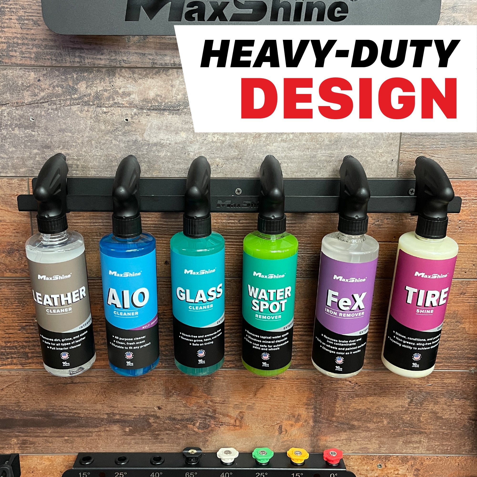 Spray Bottle Hanger This Spray Bottle Hanger lets you ditch the clutter and cracked bottles! Keeps up to 8 detailing sprays chemicals organized and within