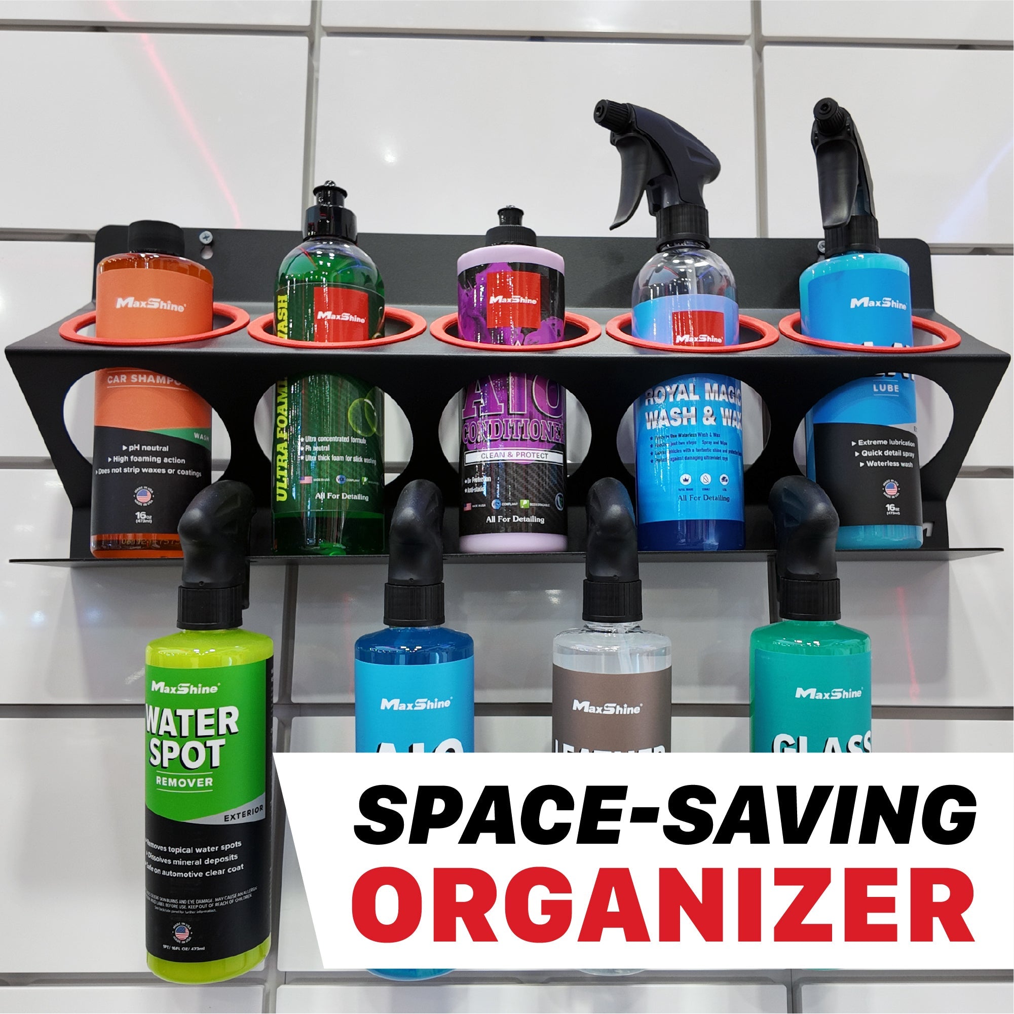 Spray Bottle Racks MaxShine Spray Bottle Racks stand above the rest. This detailing compound holder is an optimal organization solution for your 16oz, 32oz, or