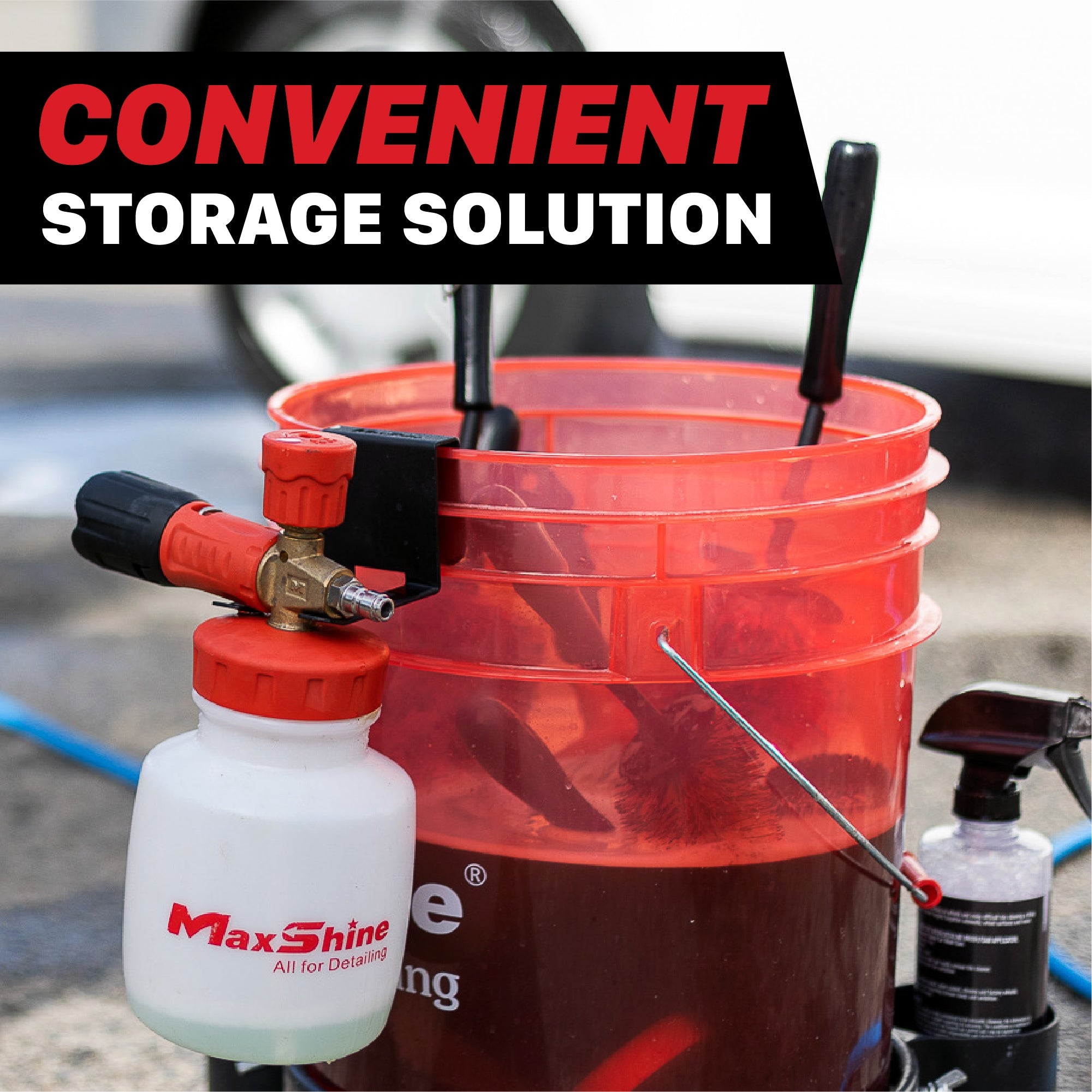 Foam Cannon Bucket Mount Our Foam Cannon Bucket Mounts keeps your car washing organized and efficient. This handy attachment securely integrates your foam