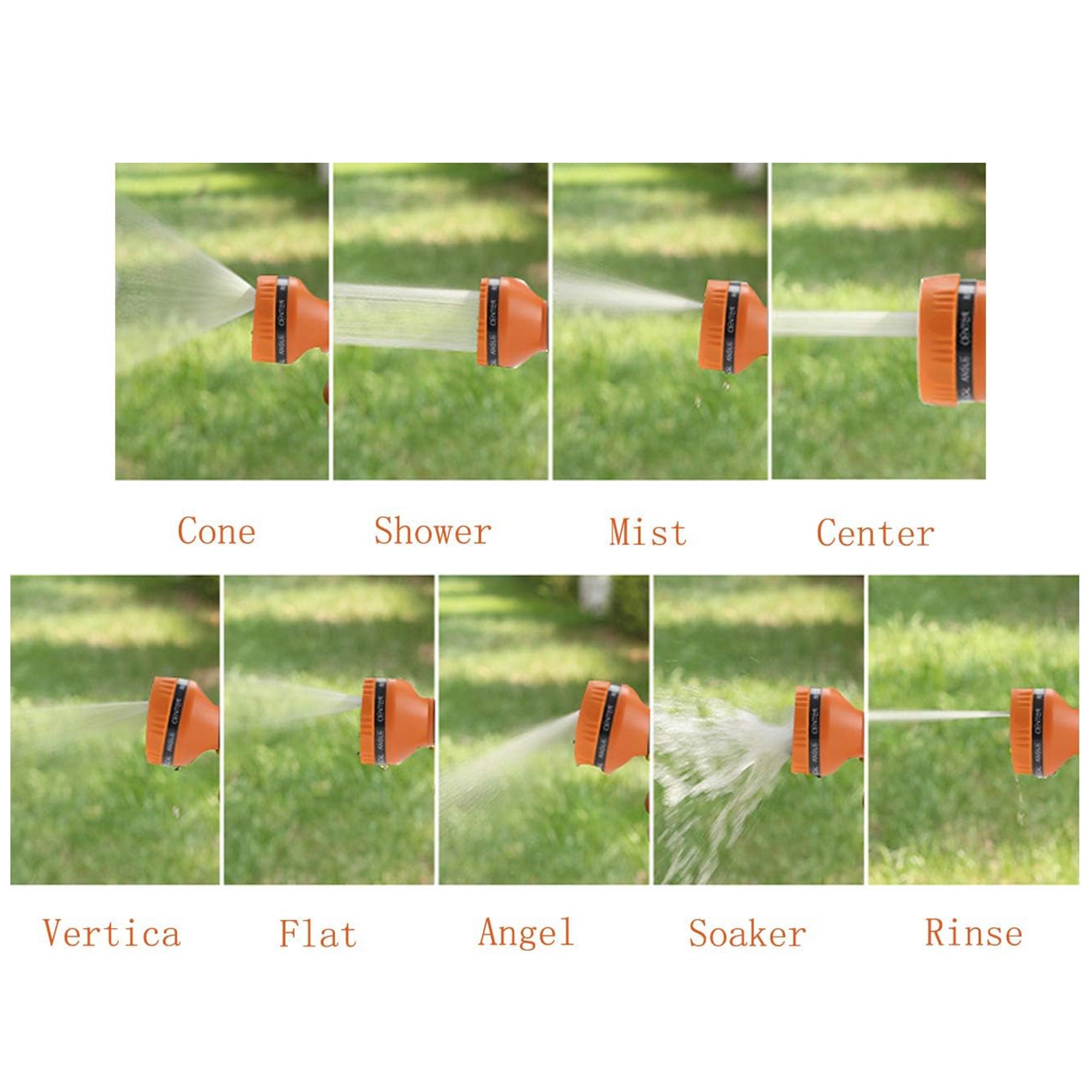 9 adjustable hose nozzle spray modes: Center, Mist, Flat, Soaker, Cone, Rinse, Shower, Angle, Vertica.