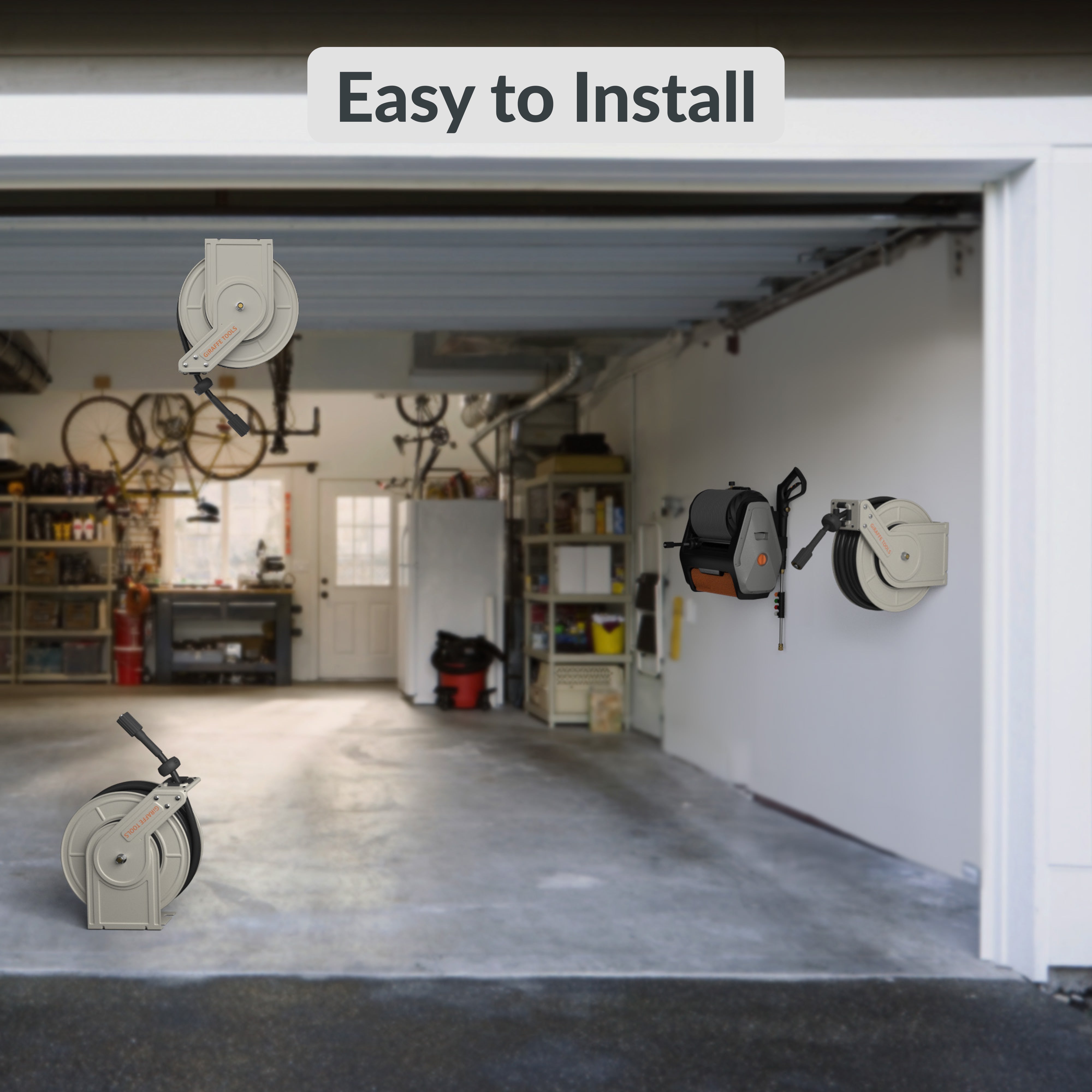 Giraffe Tools Retractable Pressure Hose Reel equipped with a locking mechanism, the hose can be adjusted to any length required, and is oil and
