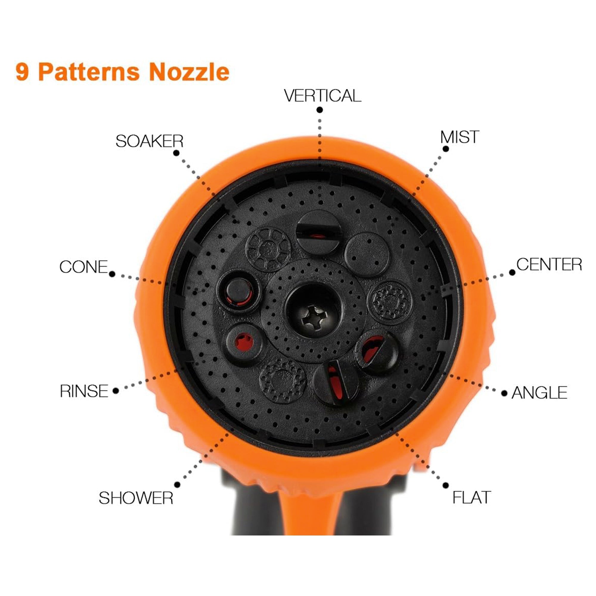 9 adjustable hose nozzle spray modes: Center, Mist, Flat, Soaker, Cone, Rinse, Shower, Angle, Vertica.
