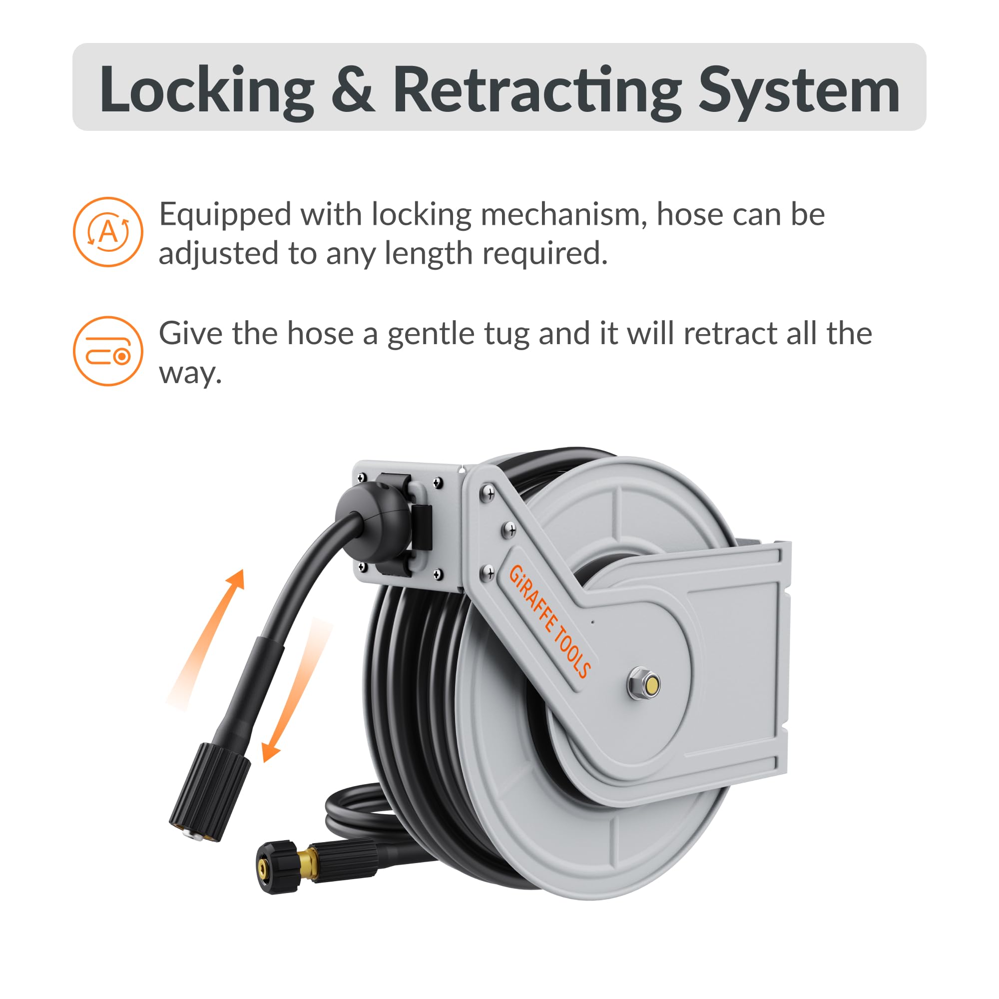 Giraffe Tools Retractable Pressure Hose Reel equipped with a locking mechanism, the hose can be adjusted to any length required, and is oil and