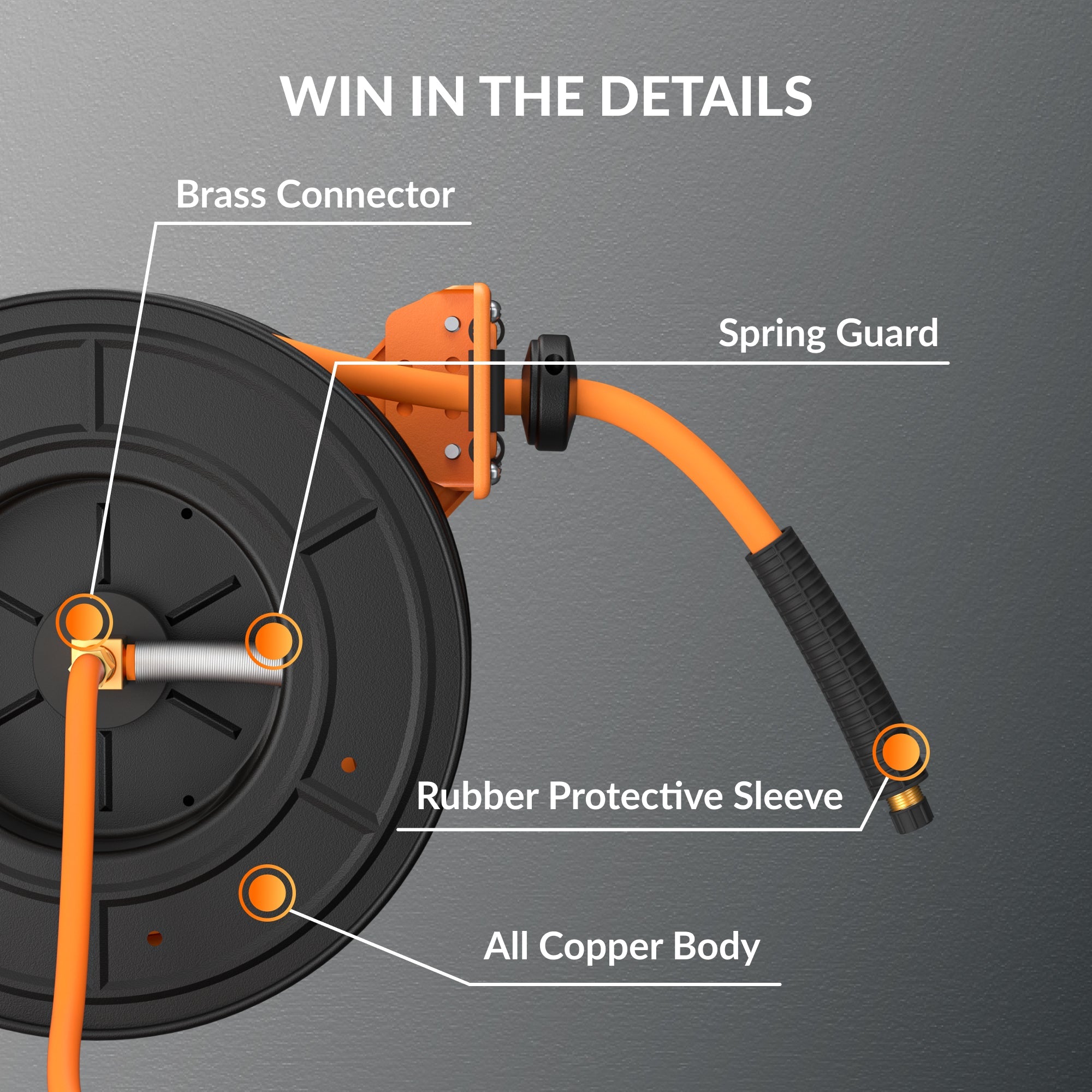 Giraffe Tools air compressor hose reel has a professional-grade all-steel construction, corrosion-resistant powder coat finish for long life and durability.