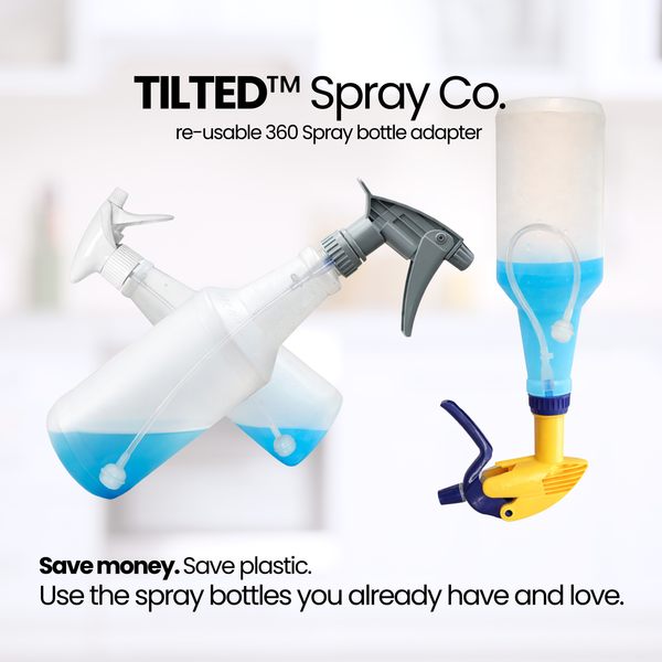 Tilted Spray Co. re-usable 360 Spray bottle adapter with text on a white background