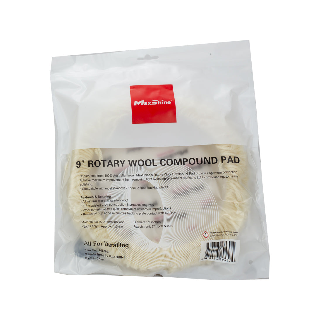 Wool Buffing Pads 9in Pads for Rotary Polisher Rotary Wool Buffing Pads are constructed from 100% Australian wool which effortlessly tackle heavy swirling