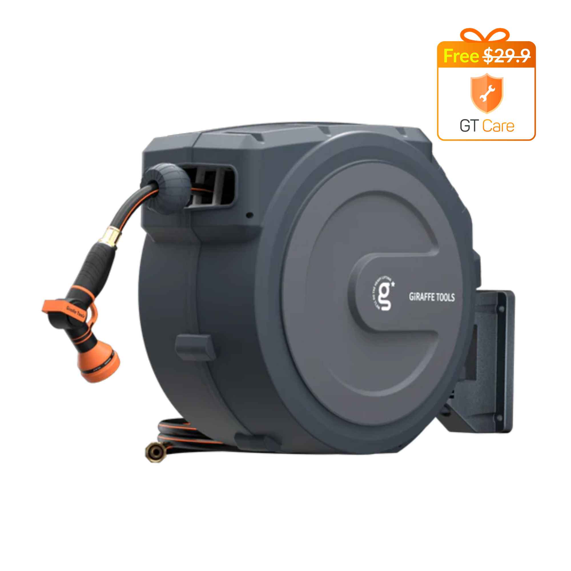 The auto-rewind system, hose locker and 9-mode hose nozzle make the hose reel more convenient to use.