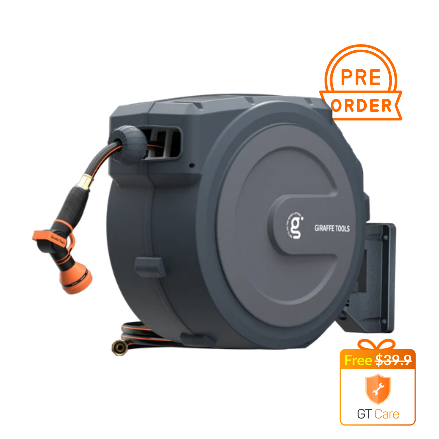Giraffe Tools retractable garden hose reel delivers a one-stop watering solution—wall-mounted, auto-rewind, and adjustable for effortless use.