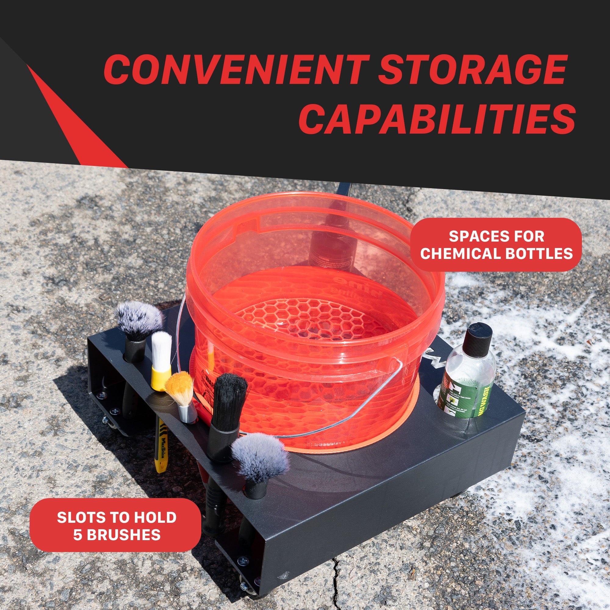 Detailing Bucket Dolly Set This Detailing Bucket Dolly Set is a must-have for any car enthusiast. It easily holds most standard buckets and features locking