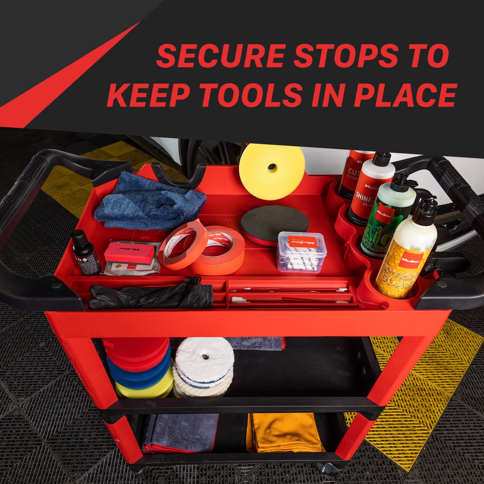 Detailing Cart Premium Heavy Duty Construction This 3-tier detailing cart keeps your workspace clutter-free while providing easy access to all your tools.