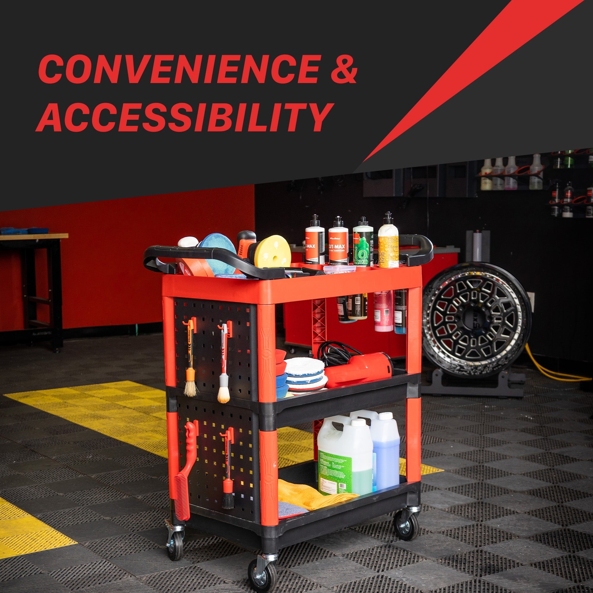 Detailing Cart Premium Heavy Duty Construction This 3-tier detailing cart keeps your workspace clutter-free while providing easy access to all your tools.