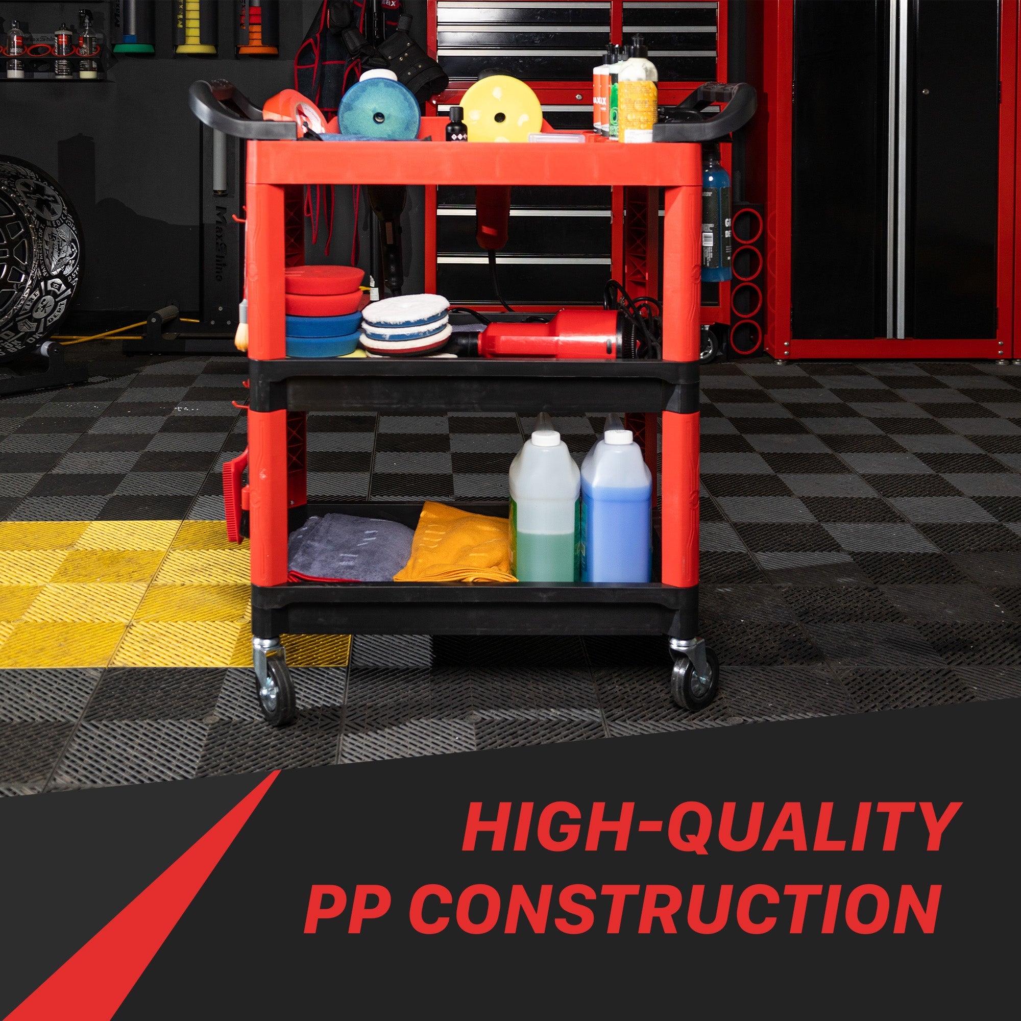 Detailing Cart Premium Heavy Duty Construction This 3-tier detailing cart keeps your workspace clutter-free while providing easy access to all your tools.