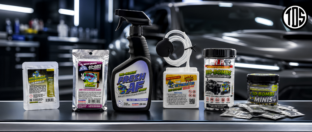 Collection of automotive care products on a table with a car in the background