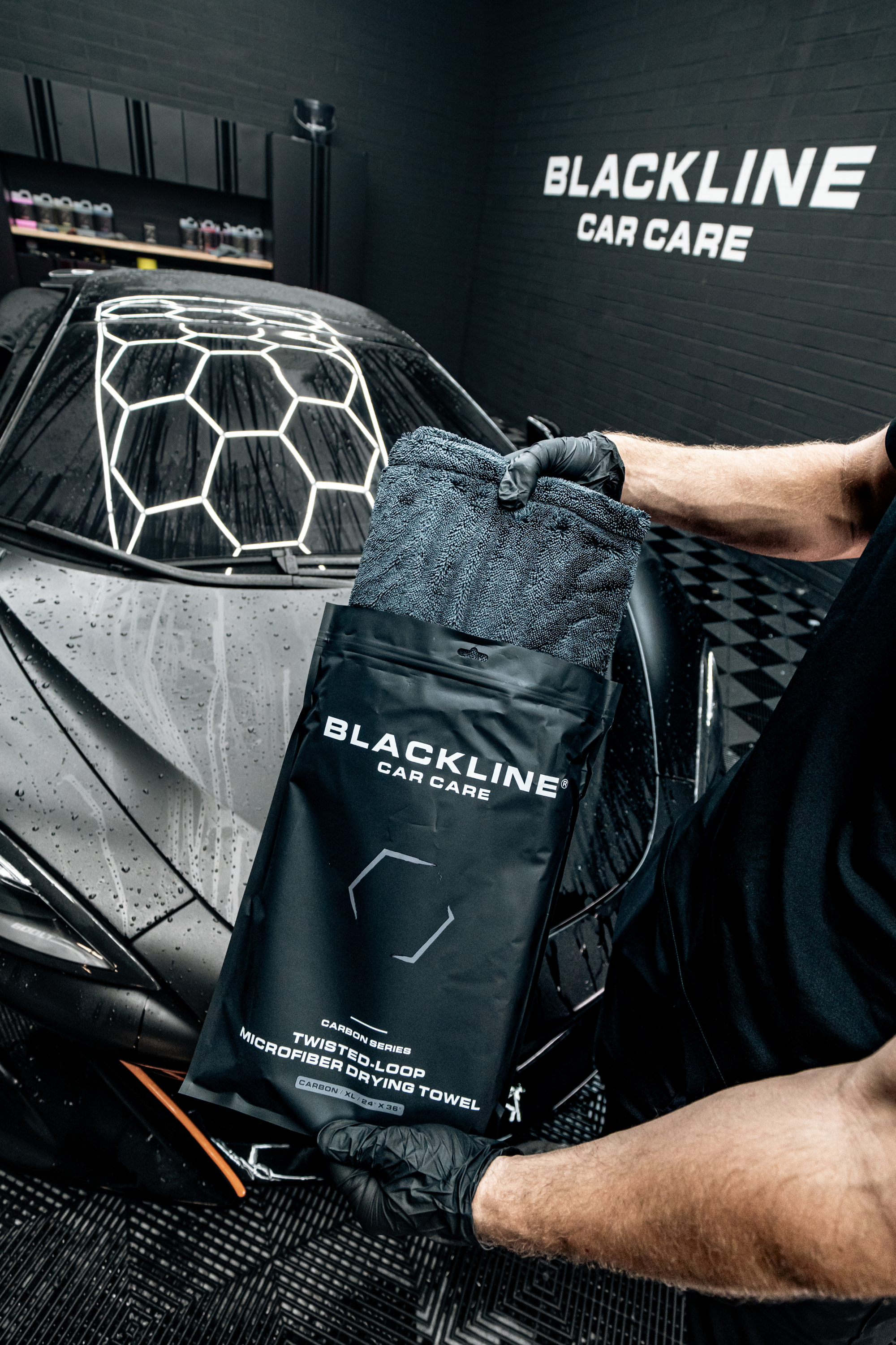 Blackline Car Care BLACKLINE® TWISTED-LOOP DRYING TOWEL in use - professional detailing application