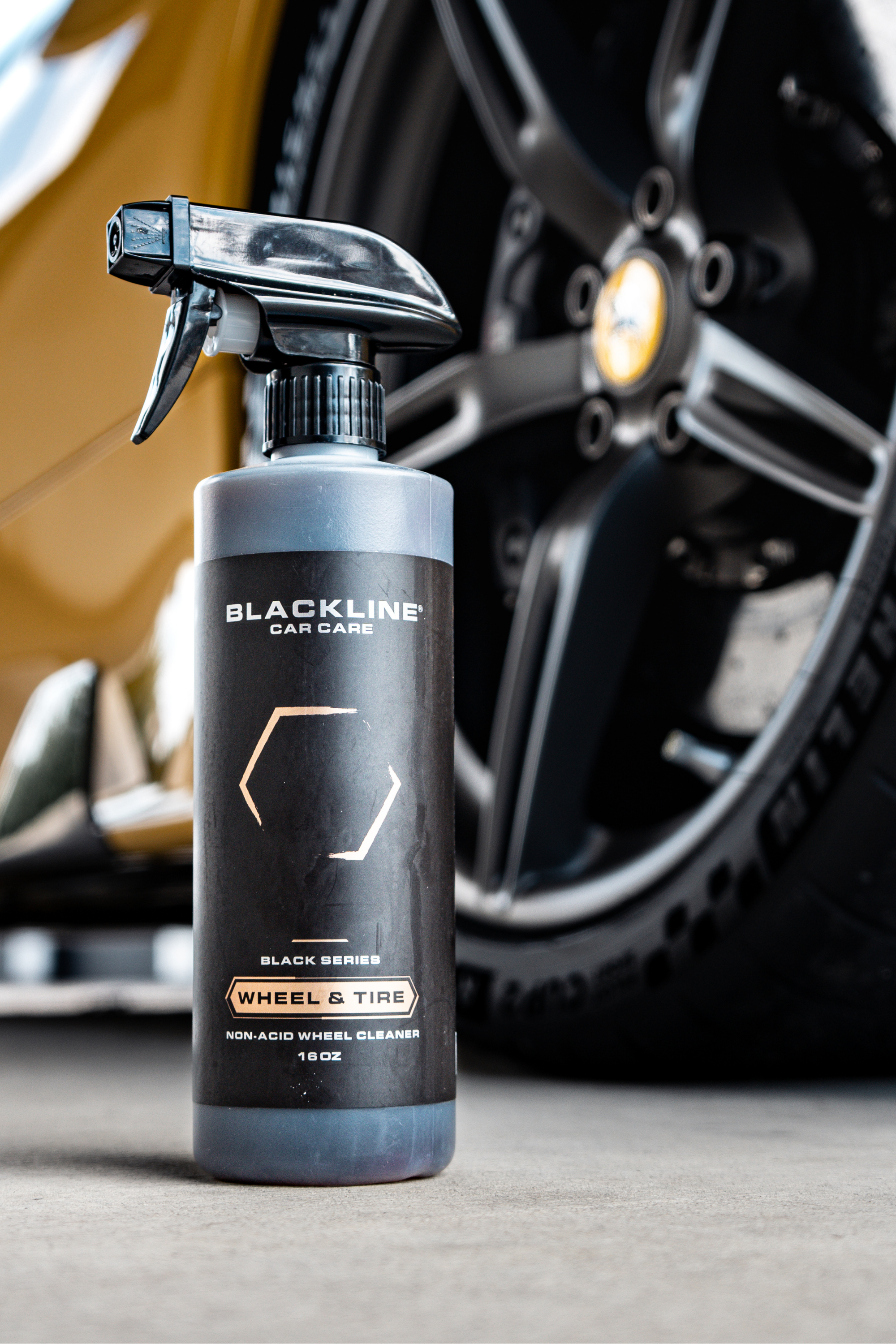 Blackline Car Care BLACKLINE® WHEEL N' TIRE CLEANER in use - professional detailing application
