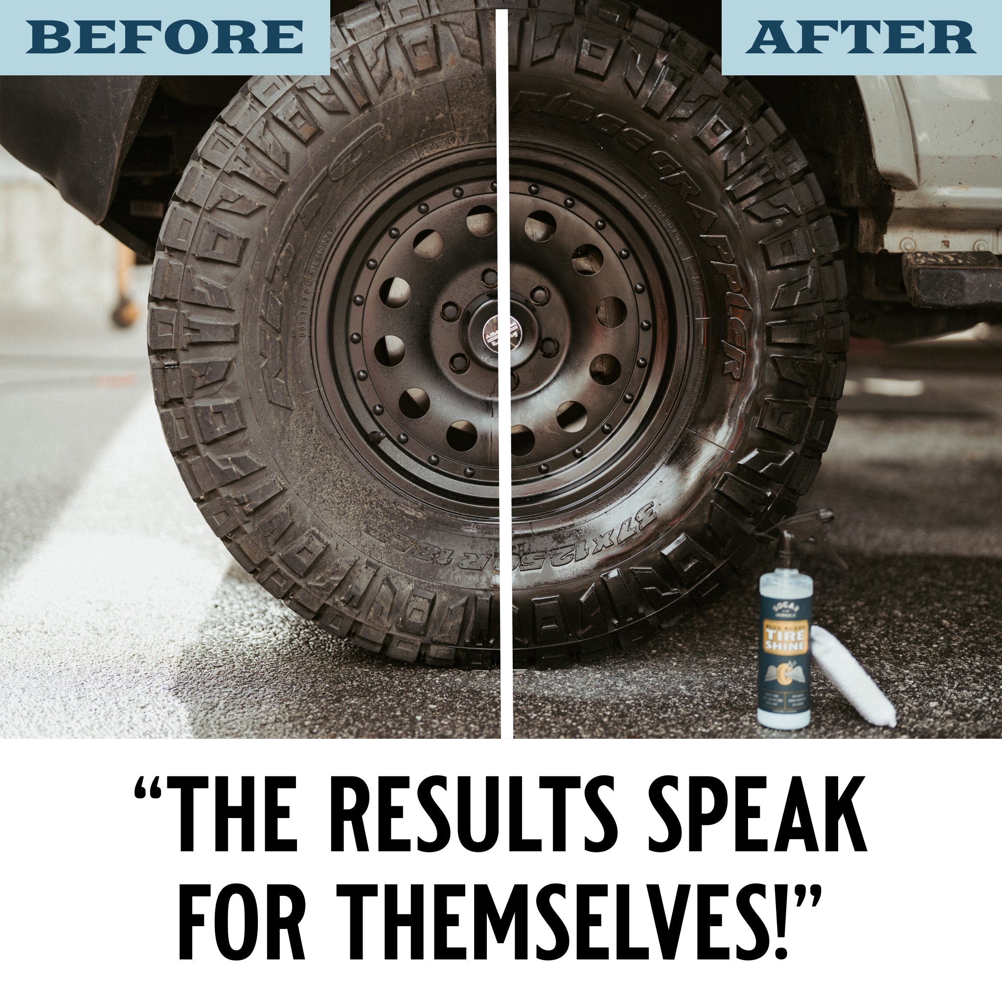 Blue suede tire shine contains a revolutionary formula that goes on blue but dries clear, so you don’t miss a spot. Your tires will shine with a rich black